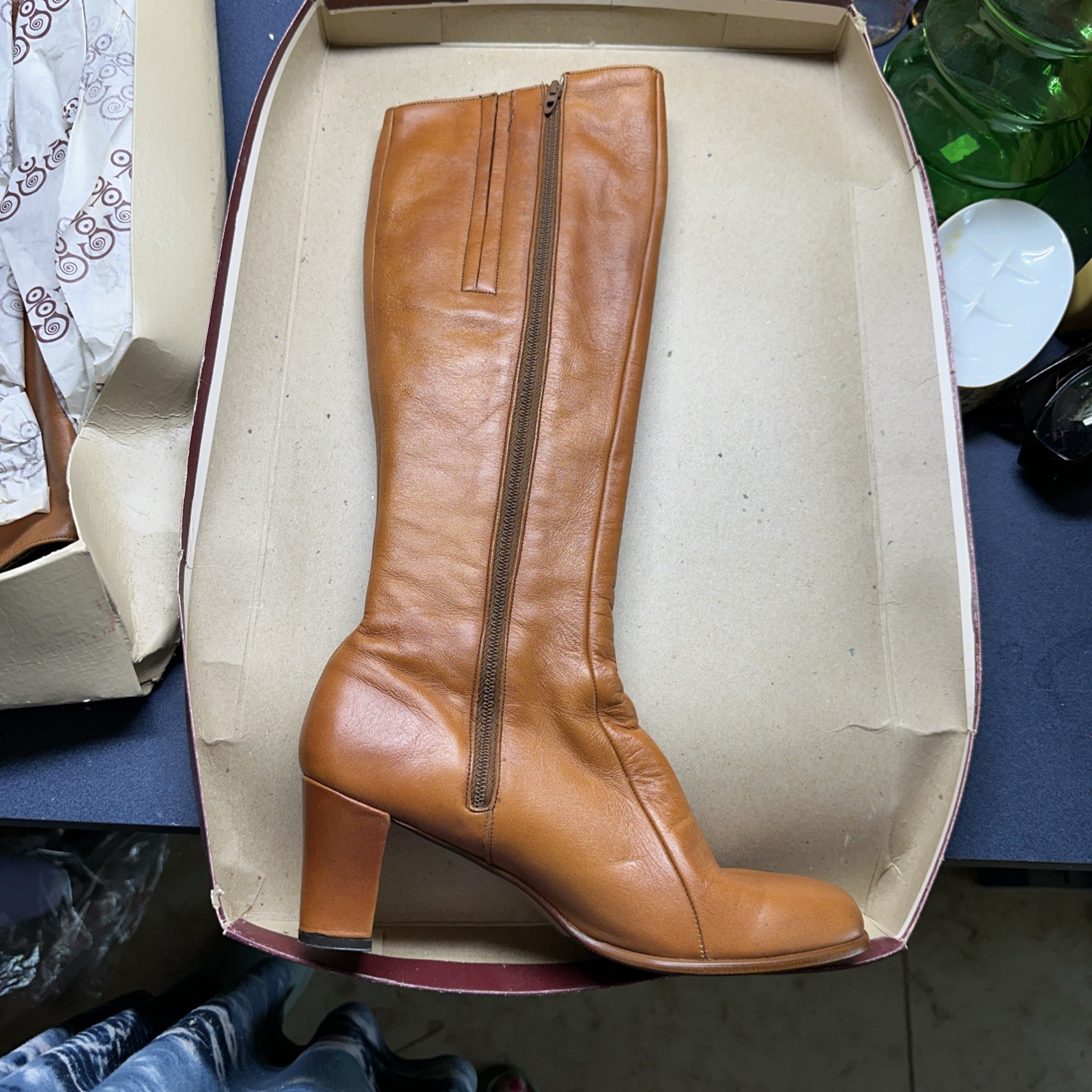 Vintage 70’s Golo Leather Knee High Boots Women 8 1/2 N Chunky Heel Salerno Box