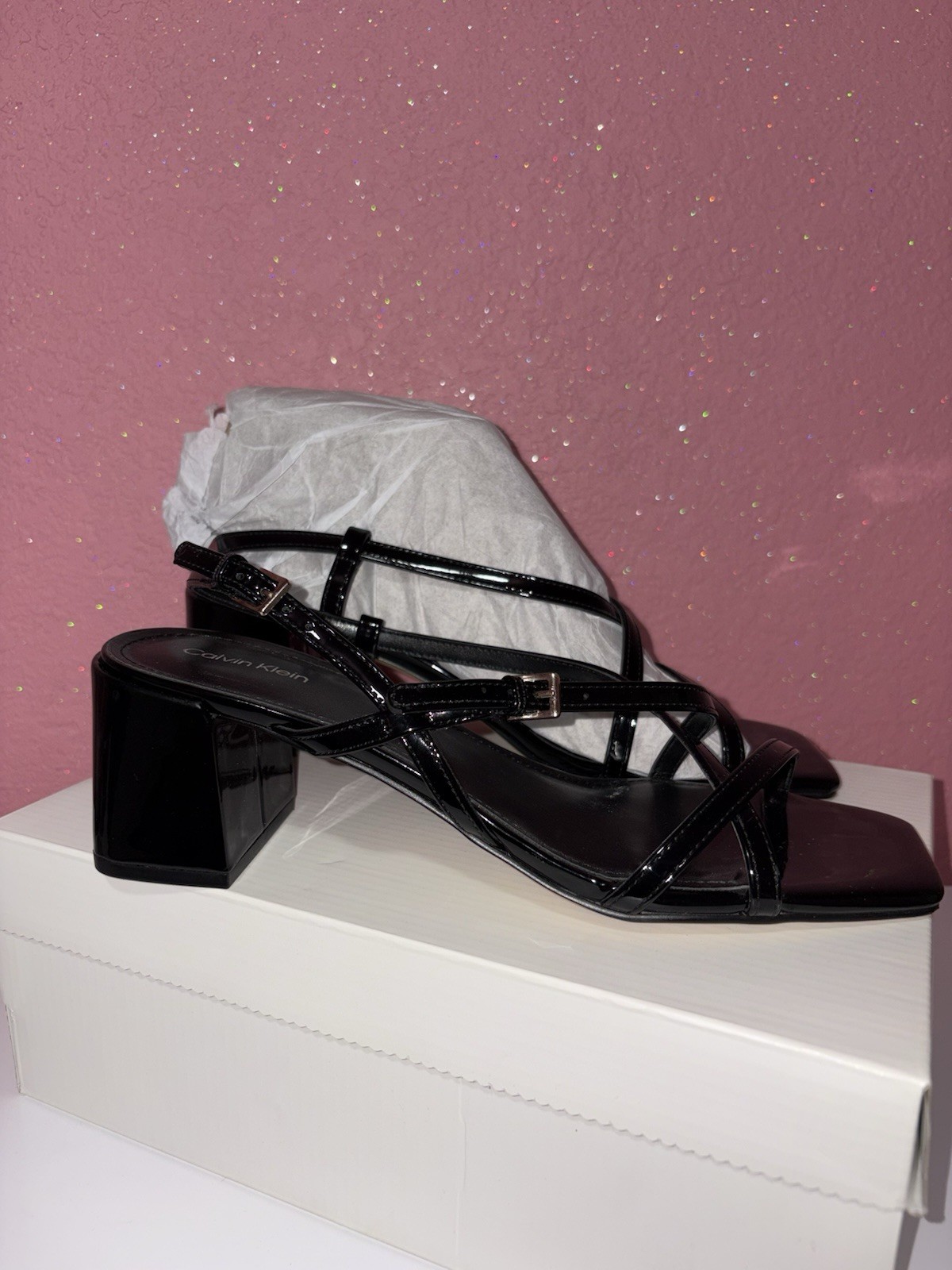 Calvin Klein Black Patent Leather Strappy Ankle Strap Square Toe Heel 10M