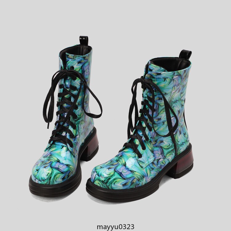 Women’s Mid Cuban Heel Ankle Boots Knight Printed Casual Lace Up Winter Shoes