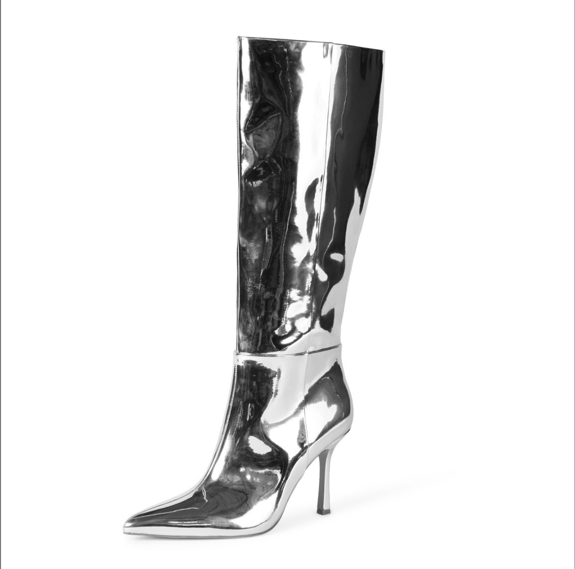 Mirror Silver Knee High 3.6” Stiletto Heel NIB, The Drop Size 8.5