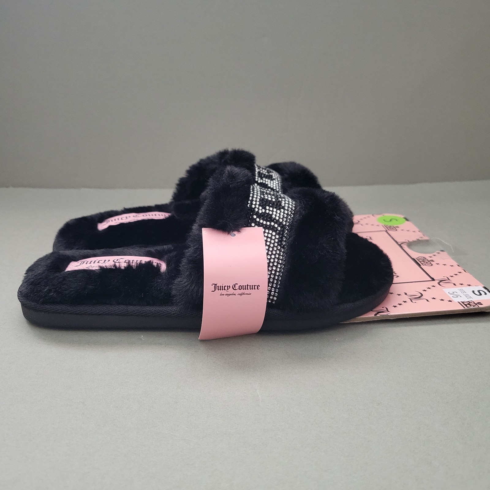 Juicy Couture Craven Rhinestone Faux Fur Slide Slip On Black Women US Small 5
