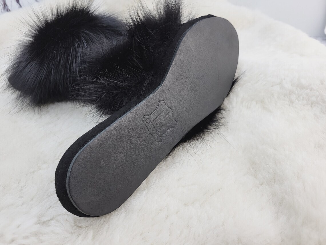 Women black fox fur leather house slippers Open toe home shoes Gift for women