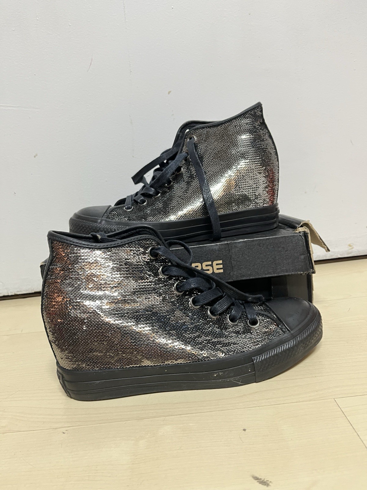 Converse Chuck Taylor High-Top Wedge Sneaker SEQUINS black silver Prom W8.5
