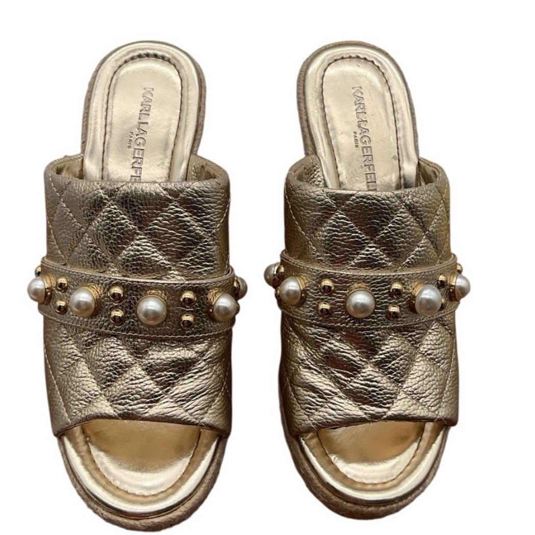 Karl Lagerfeld Paris Gold Quilted Leather Pearl Studded Espadrille Wedge 7