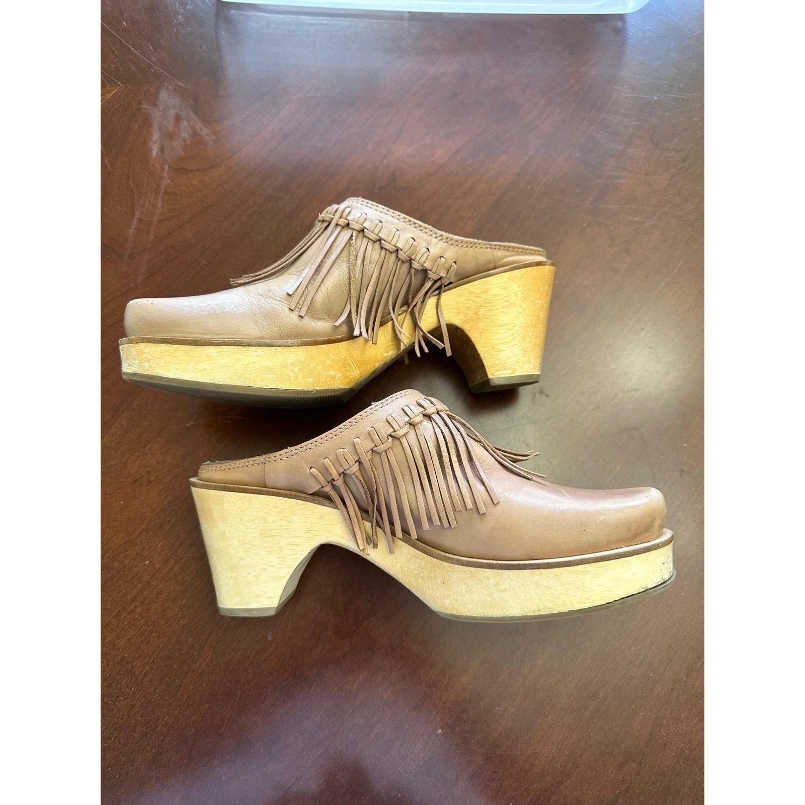 Two Lips Sylvia Tan Leather Fringe Wooden Platform Clogs Mules Boho Brazil 7M