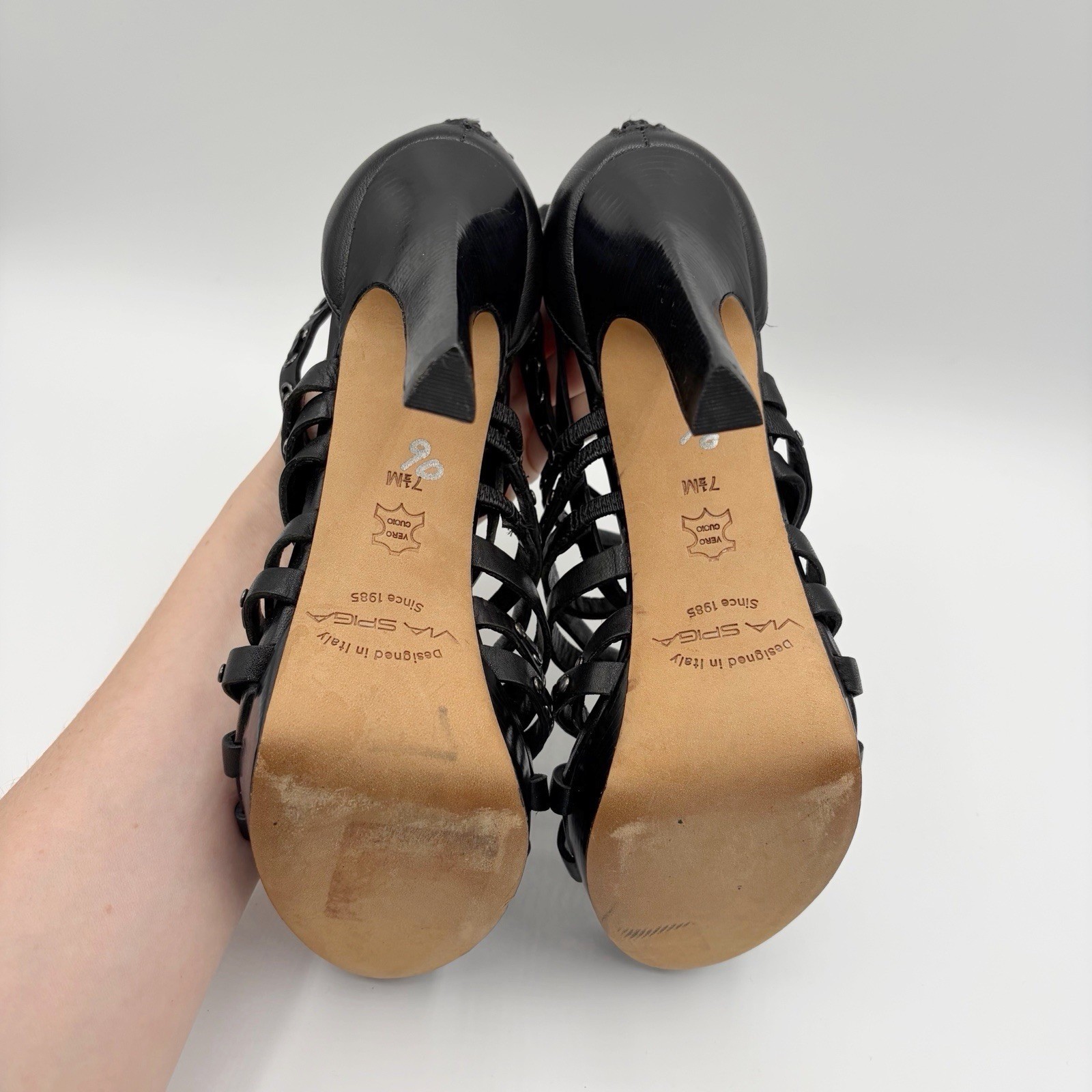 Via Spiga Heels Black Strappy Platform Caged Leather Italy Women’s Shoe Size 7.5