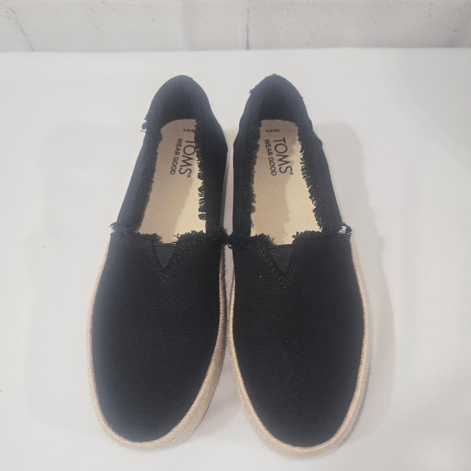 TOMS Alpargata Mallow Black Canvas Frayed Platform Espadrille Shoes Womens 6