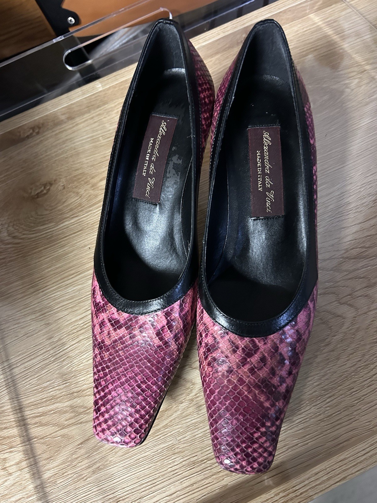 Alexandra Da Vinci Pink Black Snakeskin Heels Made In Italy 3″ Heel Size 7.5