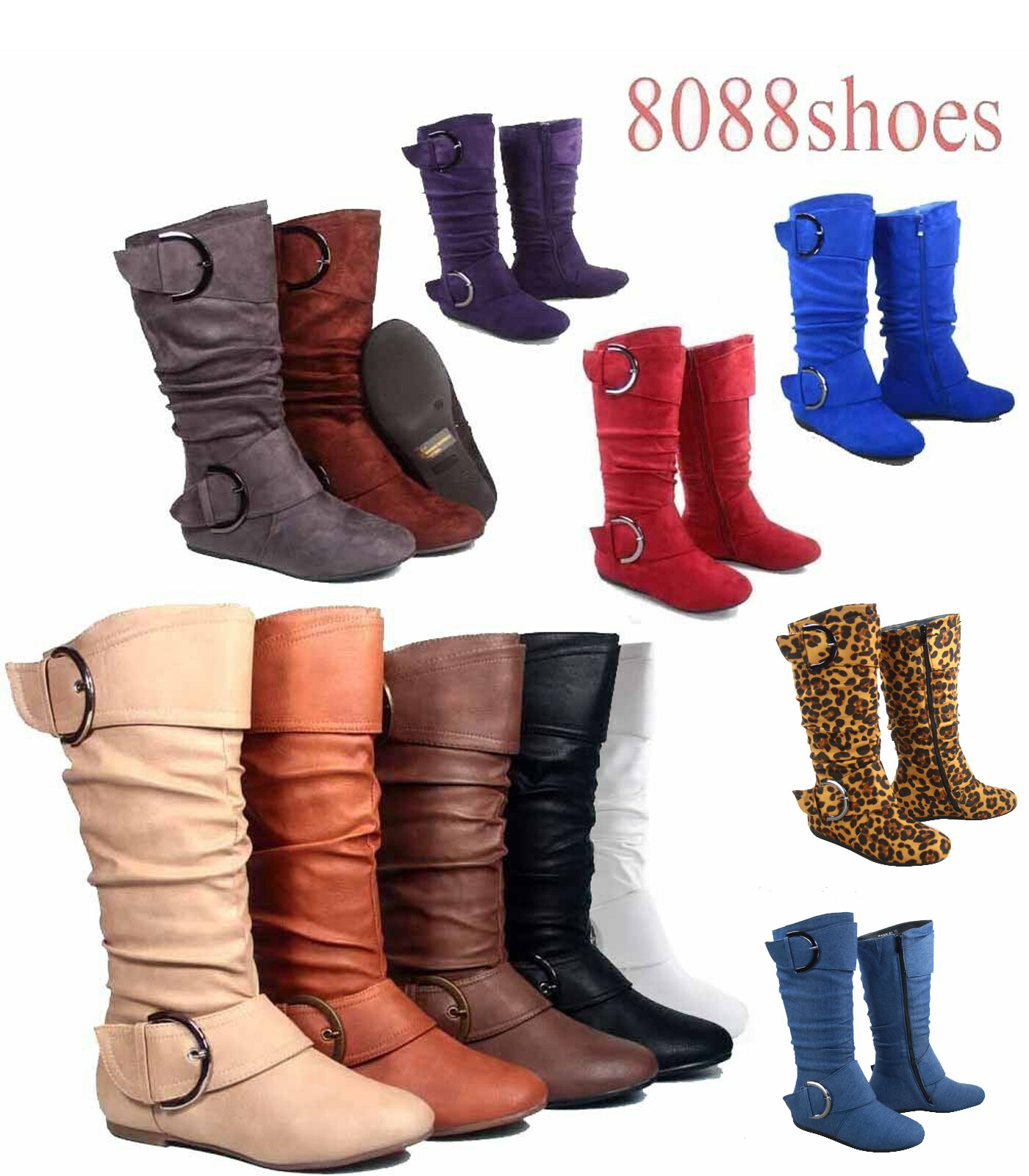 Women’s Flat Zipper Buckle Slouchy Mid-Calf Knee High Boot Shoes Size 5 – 11 NEW