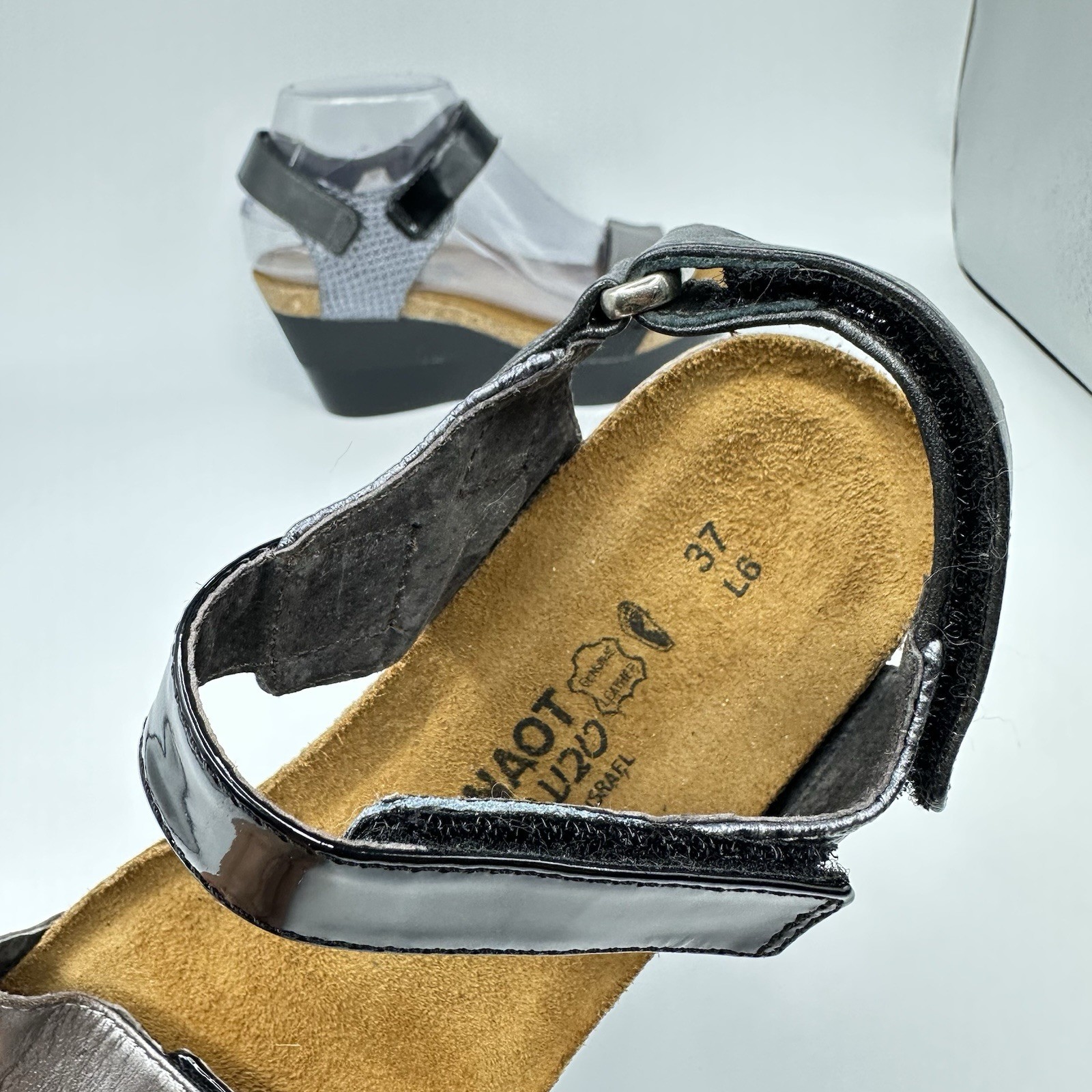 Naot-Miracle Women 6 US EUR 37 Pewter Black Cork Wedge Adj Ankle Strap
