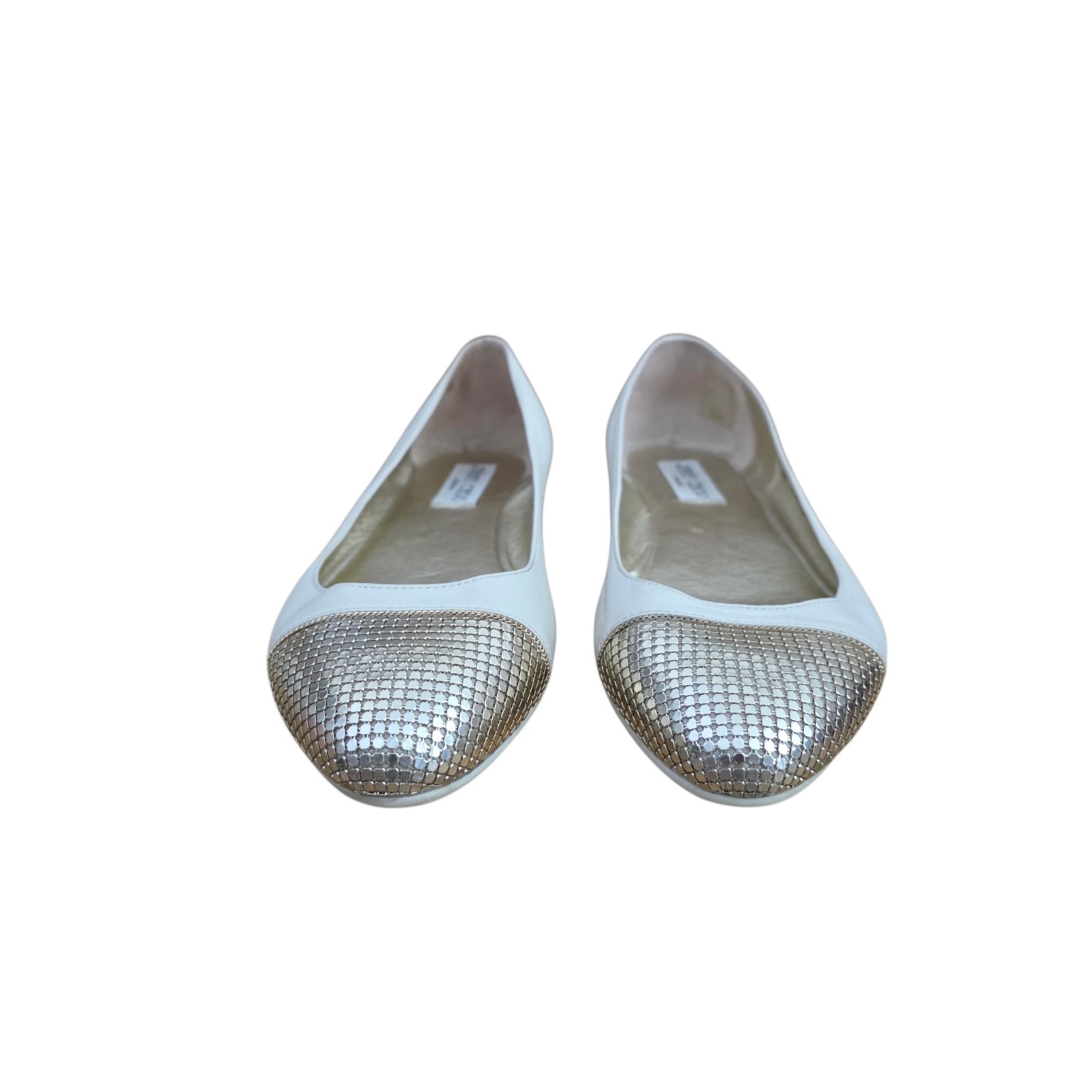 Jimmy Choo Waine White Leather Flats Gold Chain Mesh Toe Cap 38 8 JN