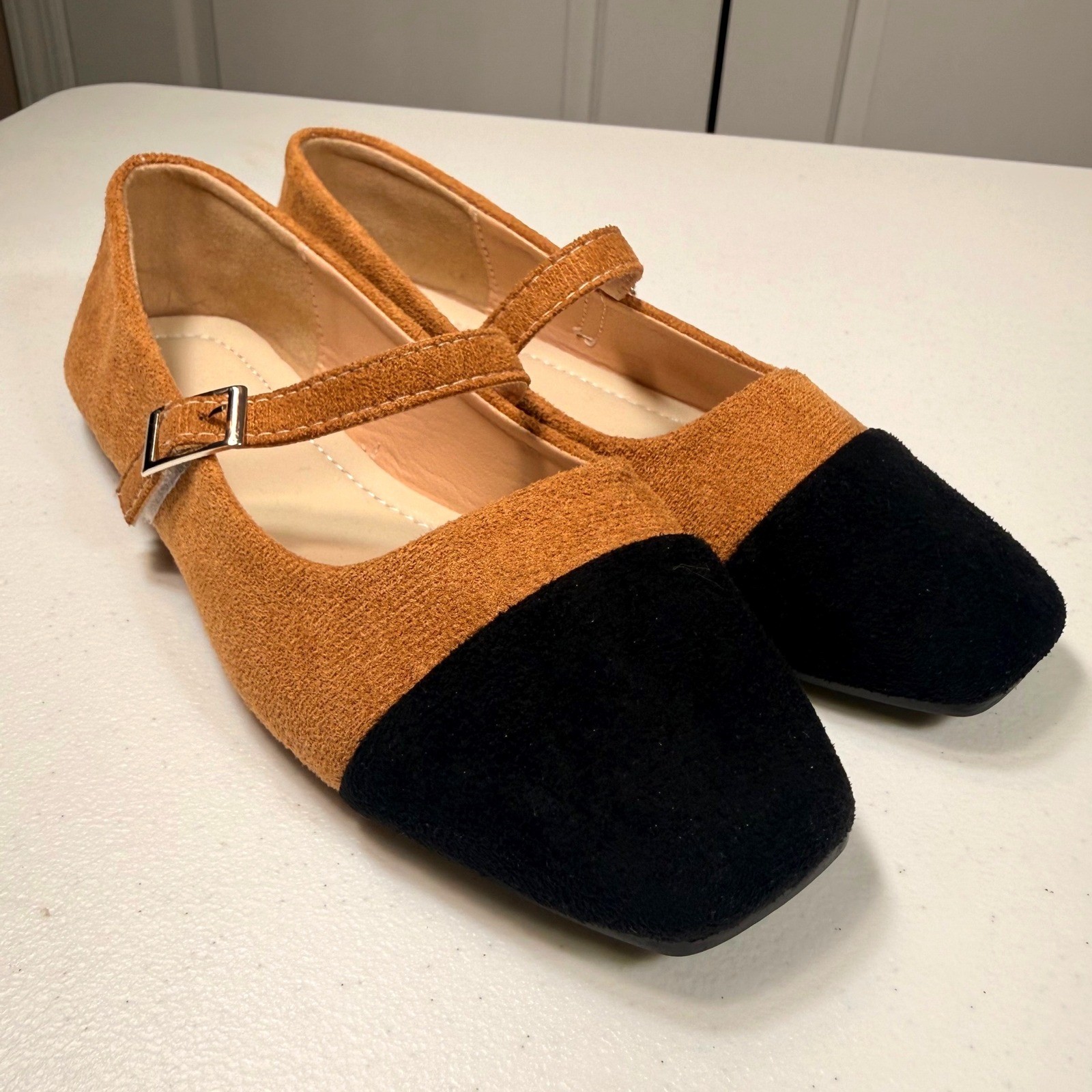 Two Tone Mary Jane Flats Cognac Black Cap Toe Square Toe Buckle Shoes Size 38