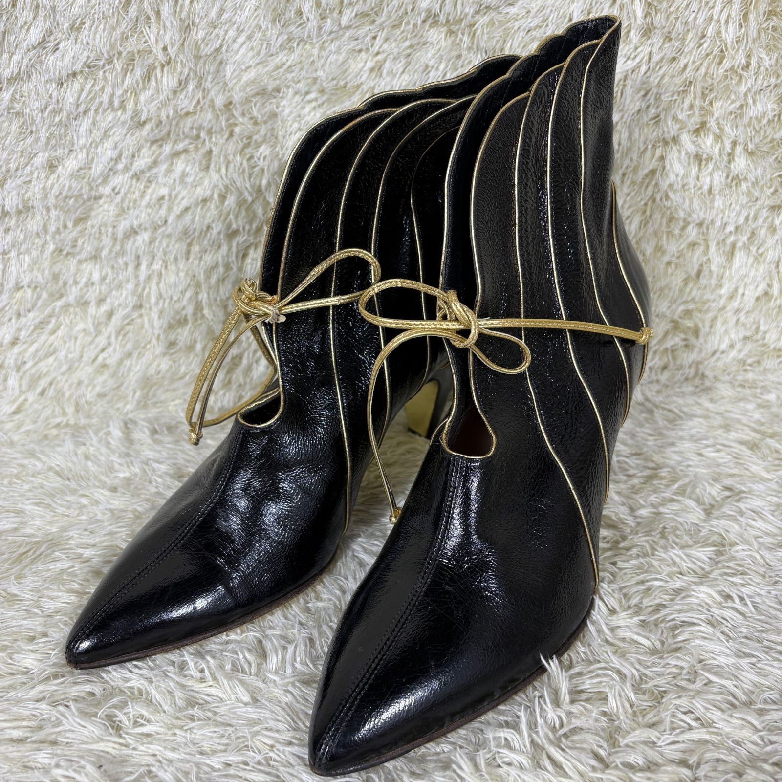 Emilio Pucci Booties Patent Leather Black Bow Pointed Toe EU36.5