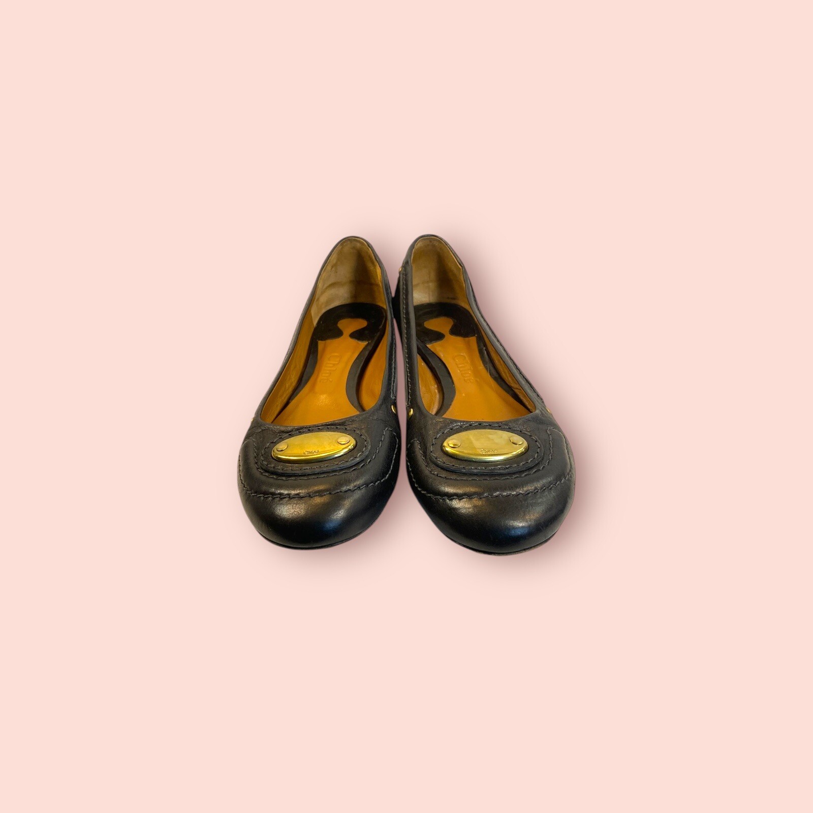 CHLOE Black Luxury Designer Leather Flats Metal Logo Accents Made In Italy 39