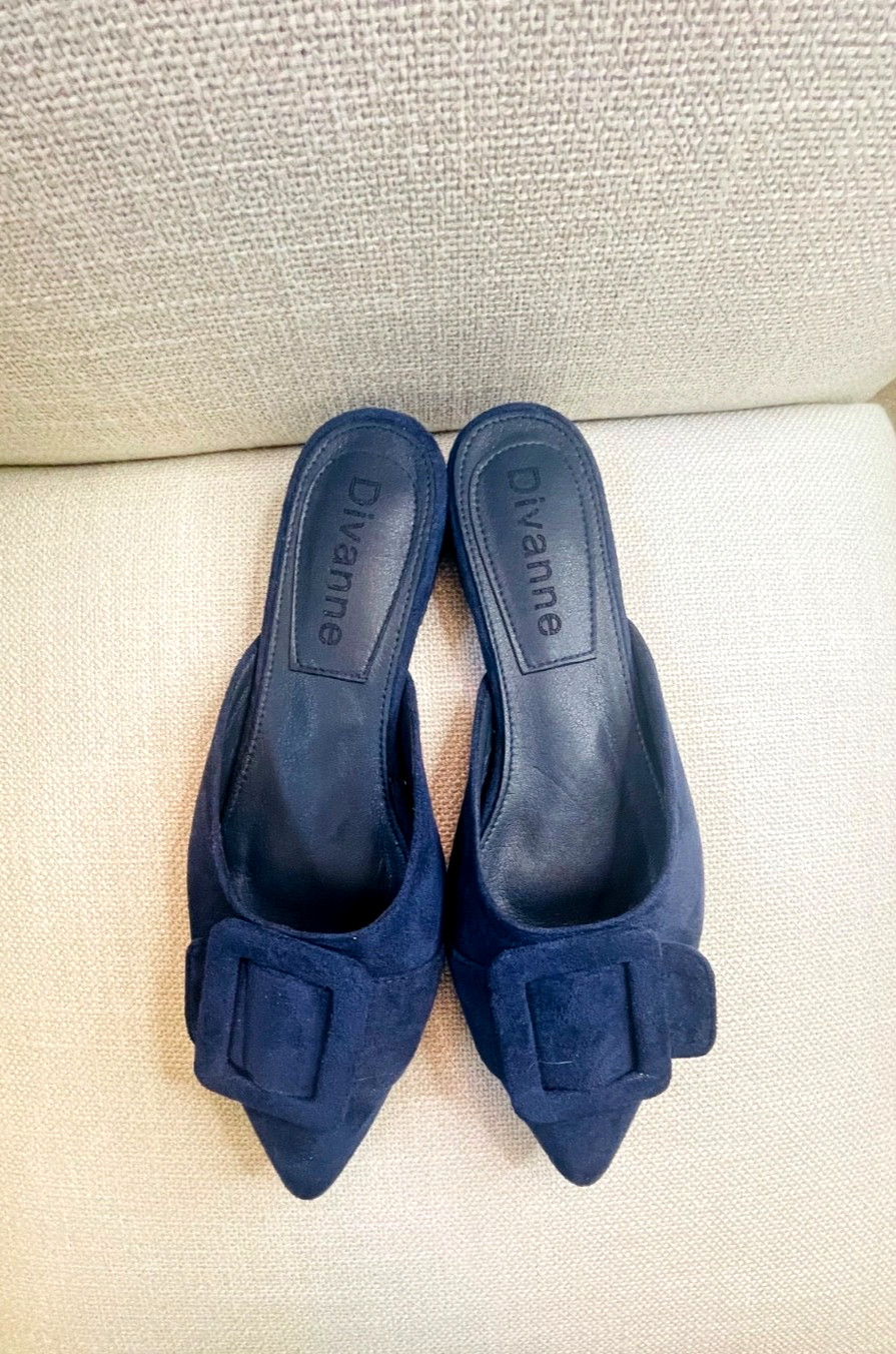 Divanne Navy Blue Suede Pointed Toe Flats Buckle Mule Shoes Women Size 8