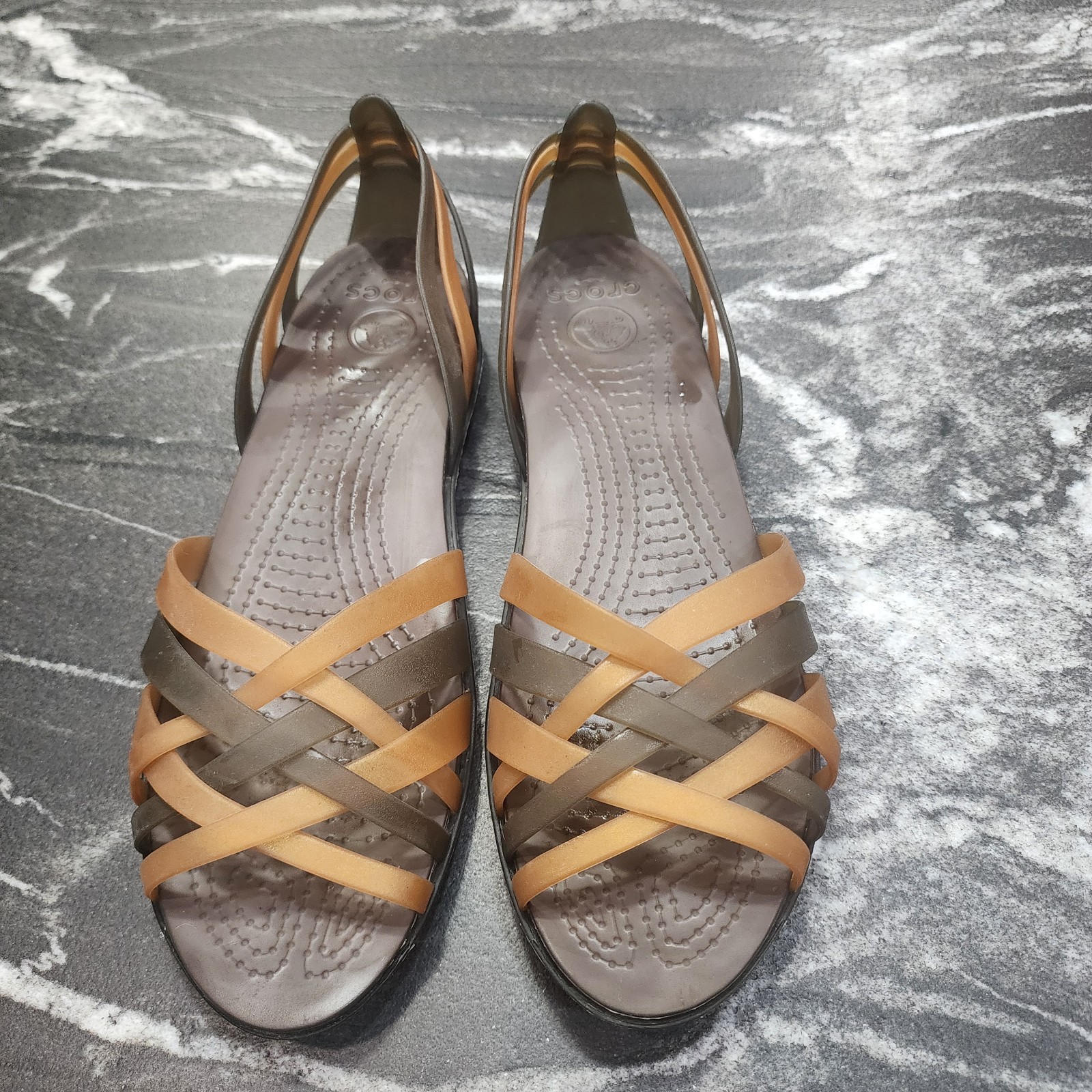 Crocs Womens Sandals Isabella Huarache Strappy Flats Espresso Bronze Sz 10 Jelly