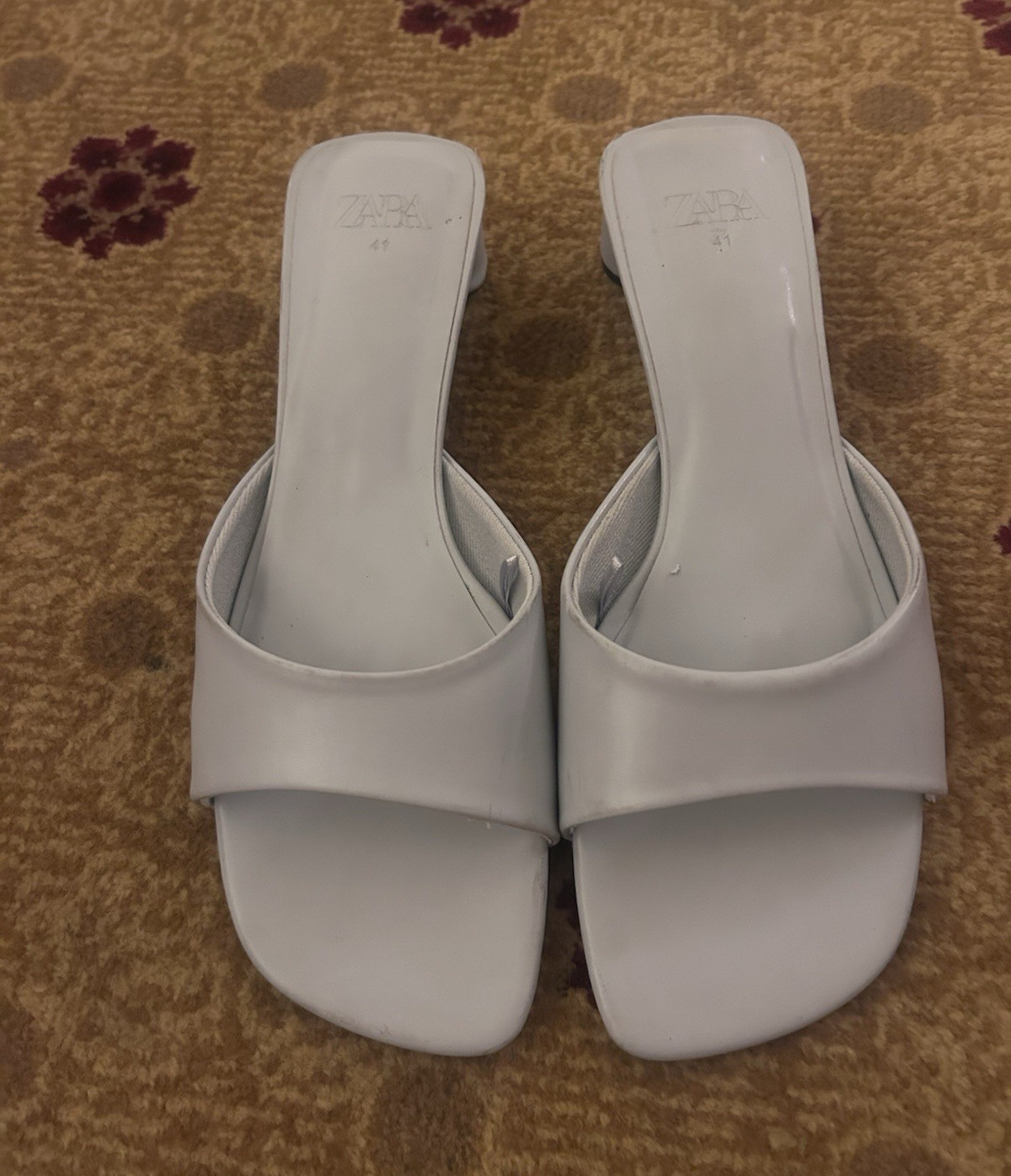 ZARA Women’s White Faux Leather Slide Sandals Open Toe Block Heel US 11