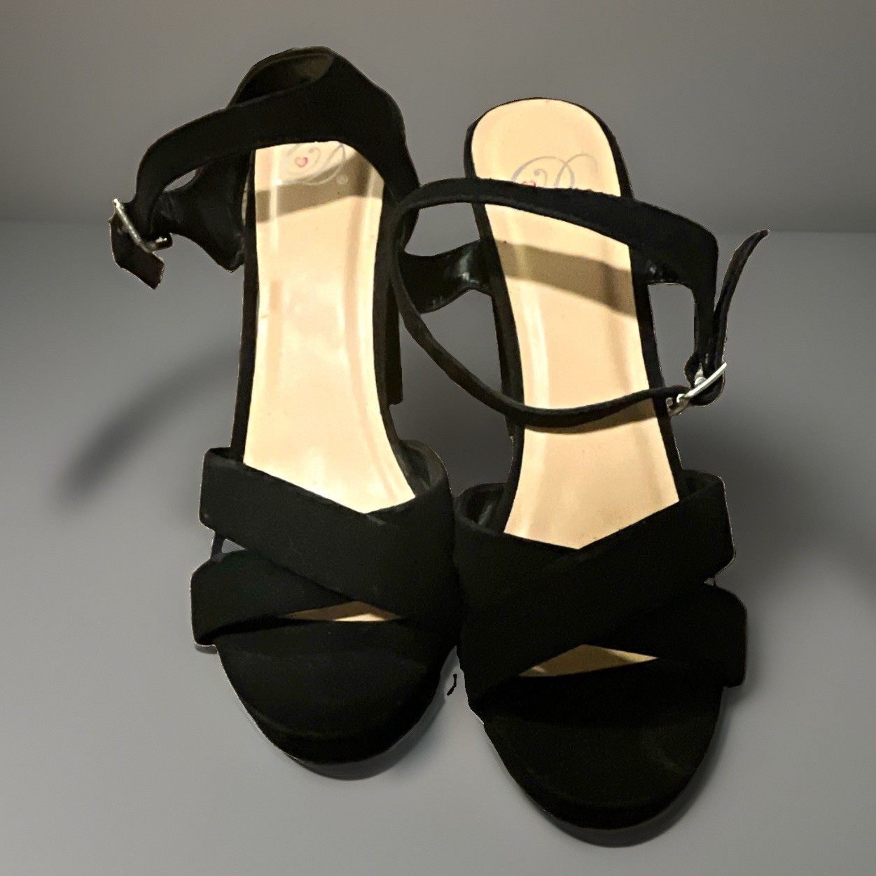 Women’s Black Faux Suede Strappy Ankle Strap Block Heel Sandals Open Toe 8.5