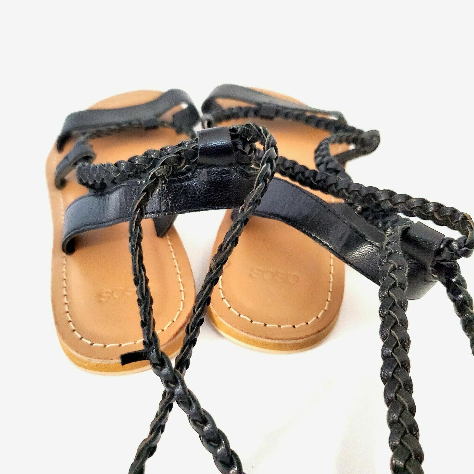 ASOS Black Braided Lace Up Gladiator Sandals Tassel Boho Strappy Flats Size 6