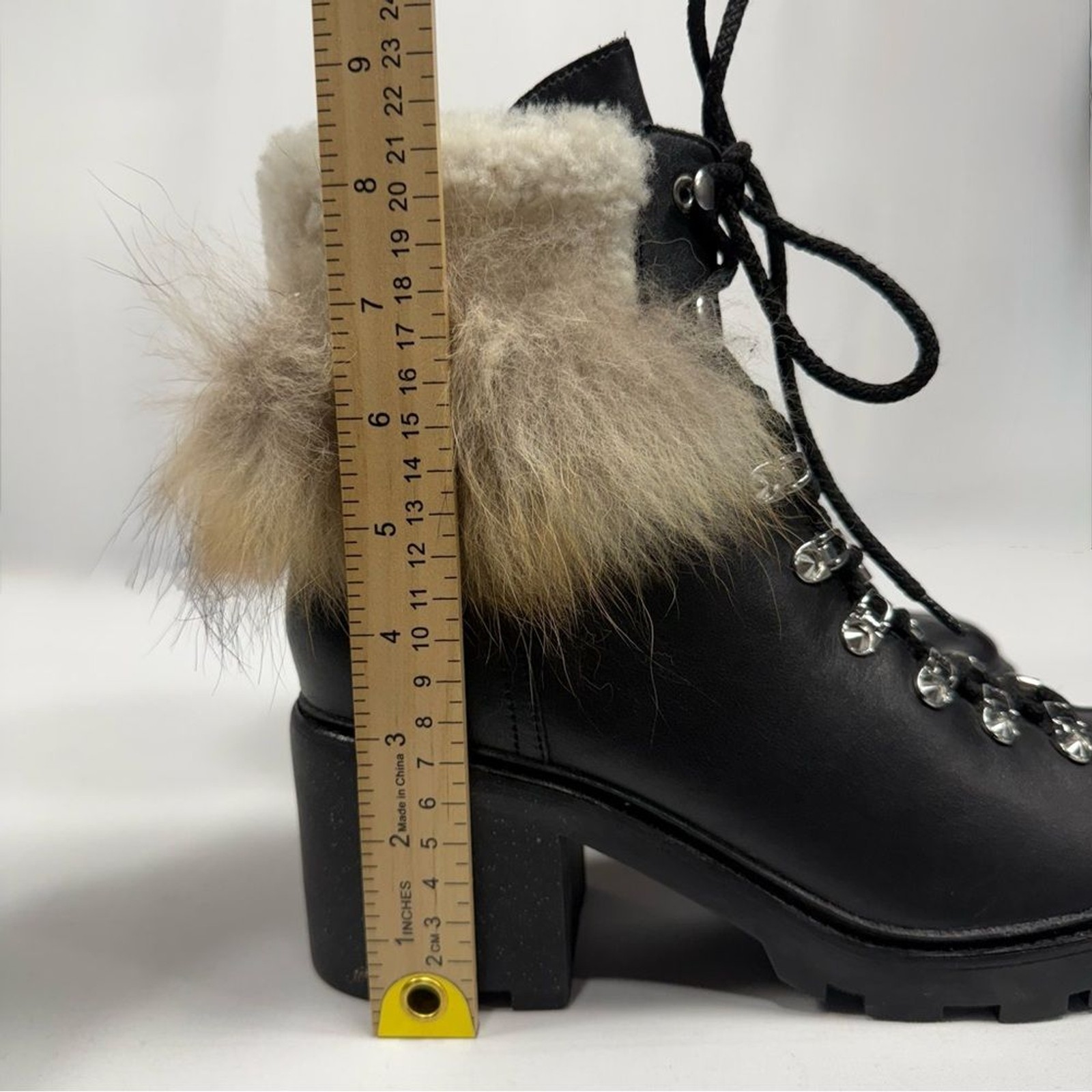 Black Leather Fur Trim Lace Up Hiker Boot Sigerson Morrison Size 40.5 EU