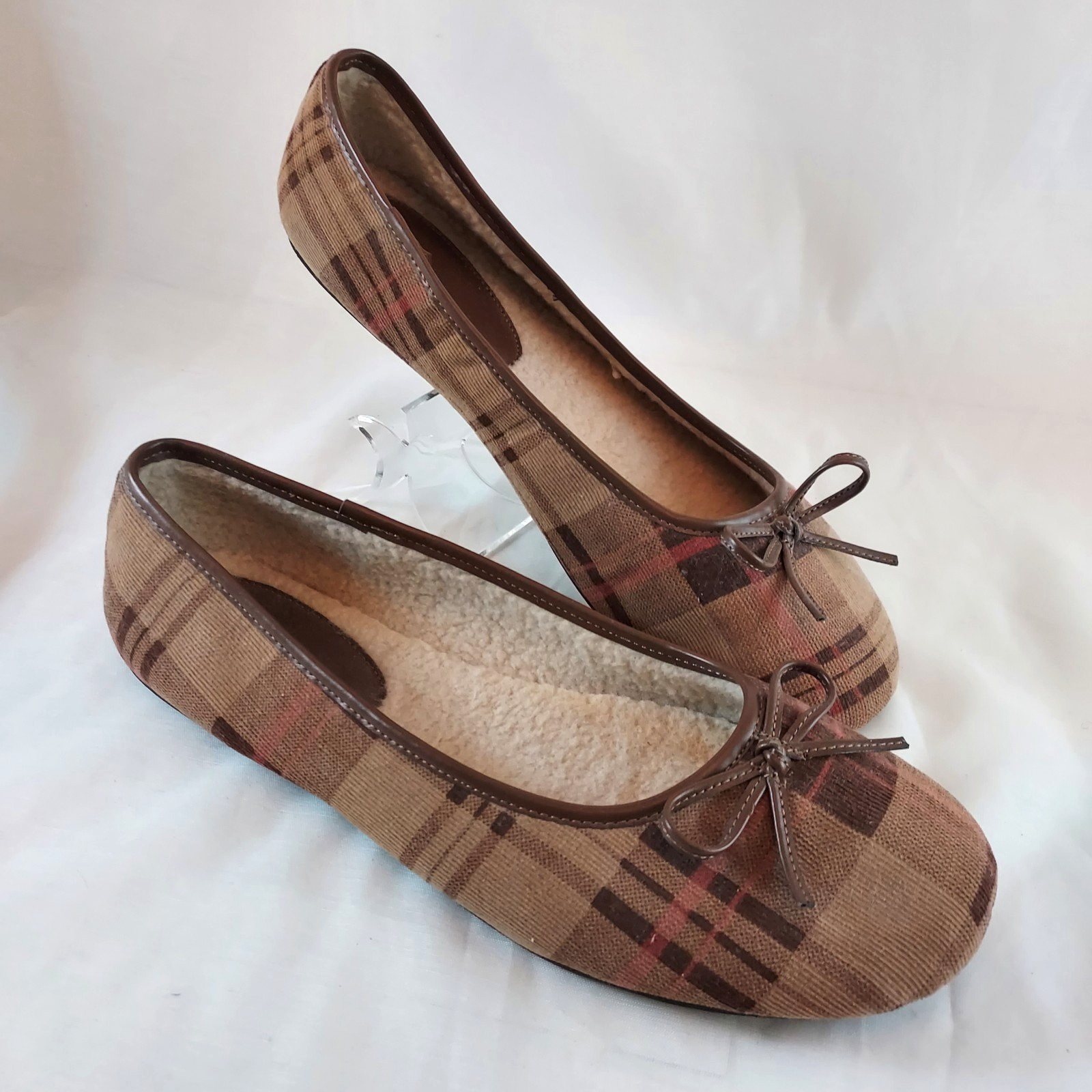 Route 66 Slip On Flats Ladies Size 11 Shoes Corduroy Plaid w Fleece Lining Bow