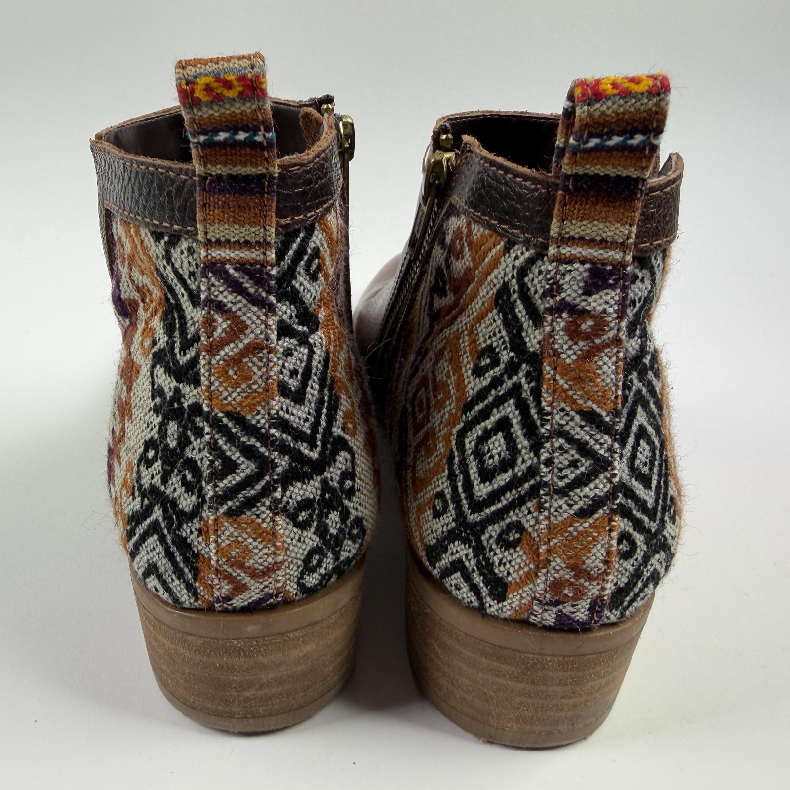 Inkkas Boots Womens Size 11 Brown Leather Ankle Textile Zip Boho Booties