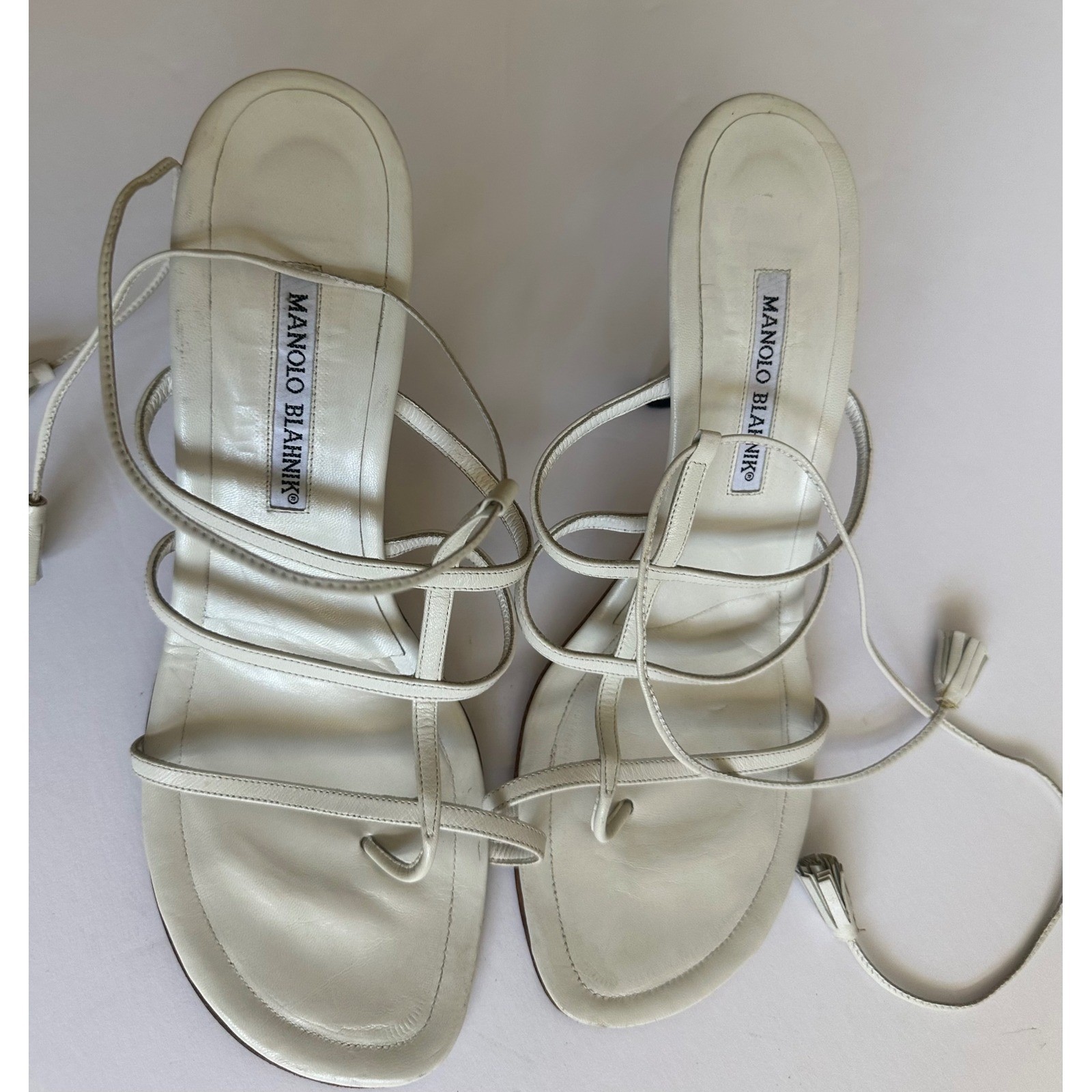 Manolo Blahnik White Leather Tassel Ankle Tie Wrap Stiletto Sandals Size 38.5