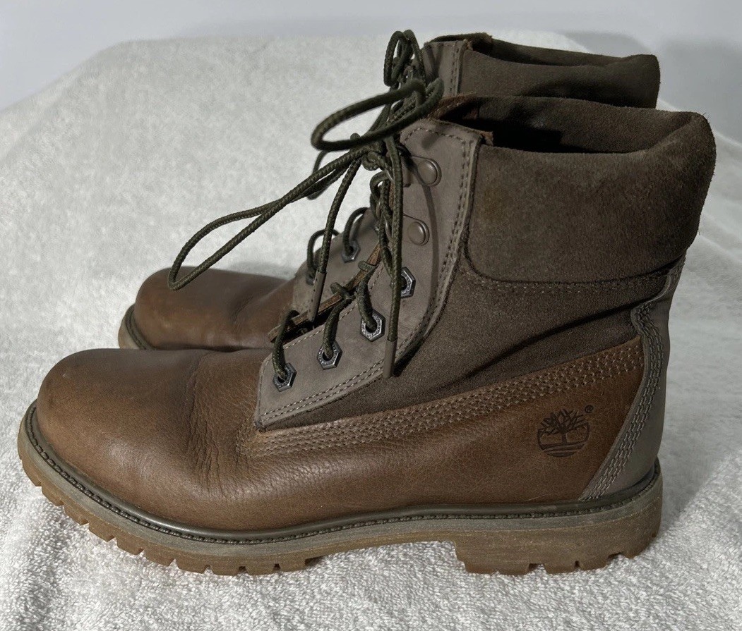 Timberland 6″ Premium Womens Size 9 Brown Gray Leather Suede Boots A19C2 GUC