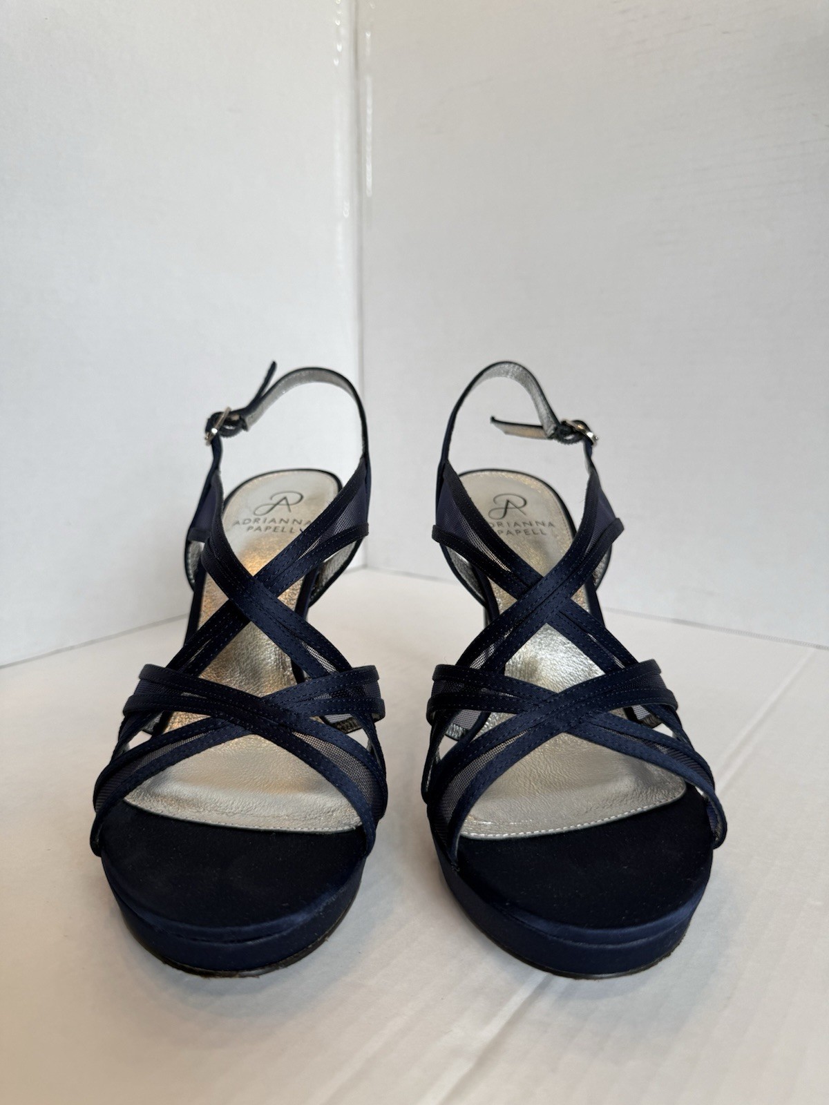 Adrianna Papell Navy Satin Strappy Heels Buckle Open Toe Adjustable Strap 9.5