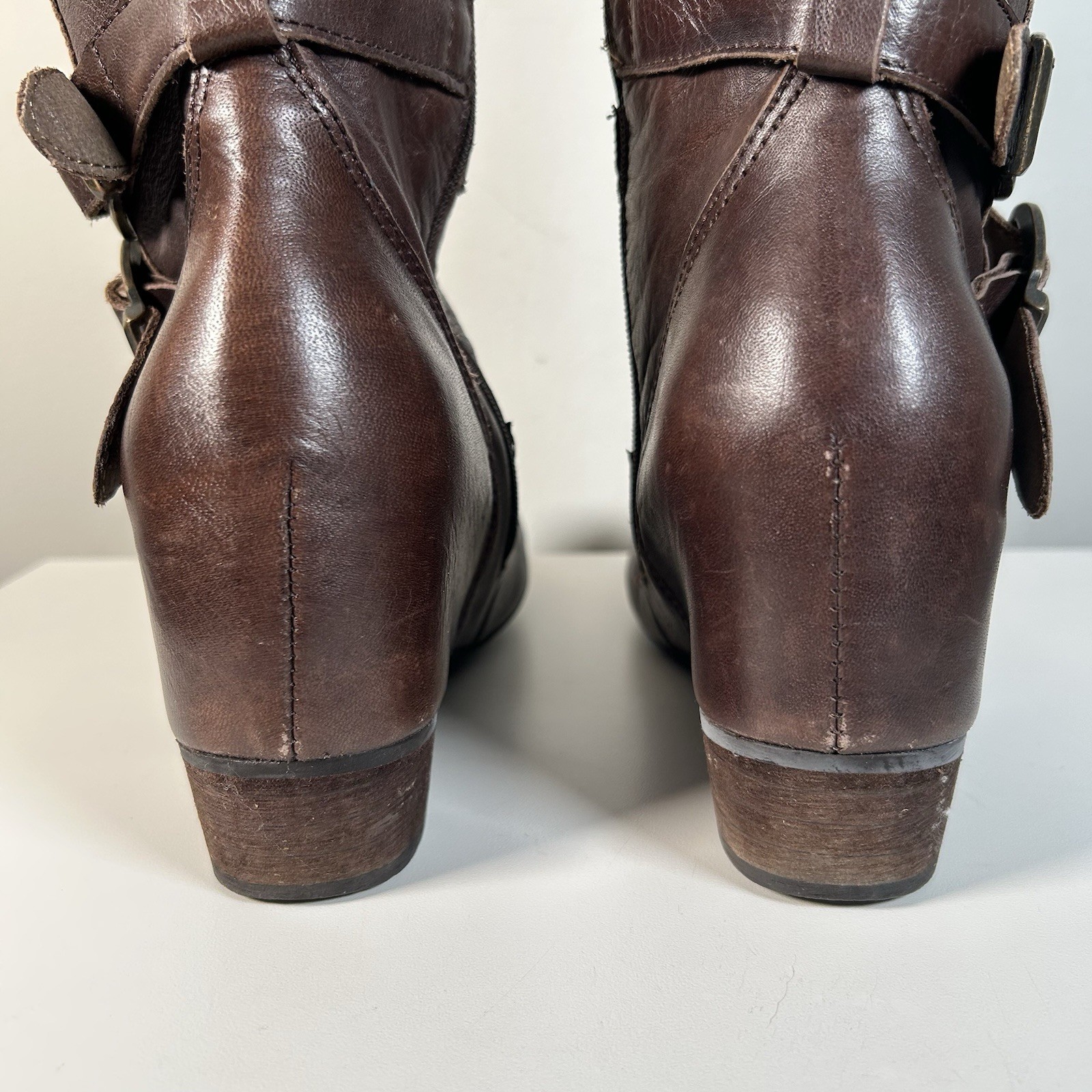 Miz Mooz Brown Brown Leather Moto Buckle Strap Hidden Wedge Boot Sz 8.5