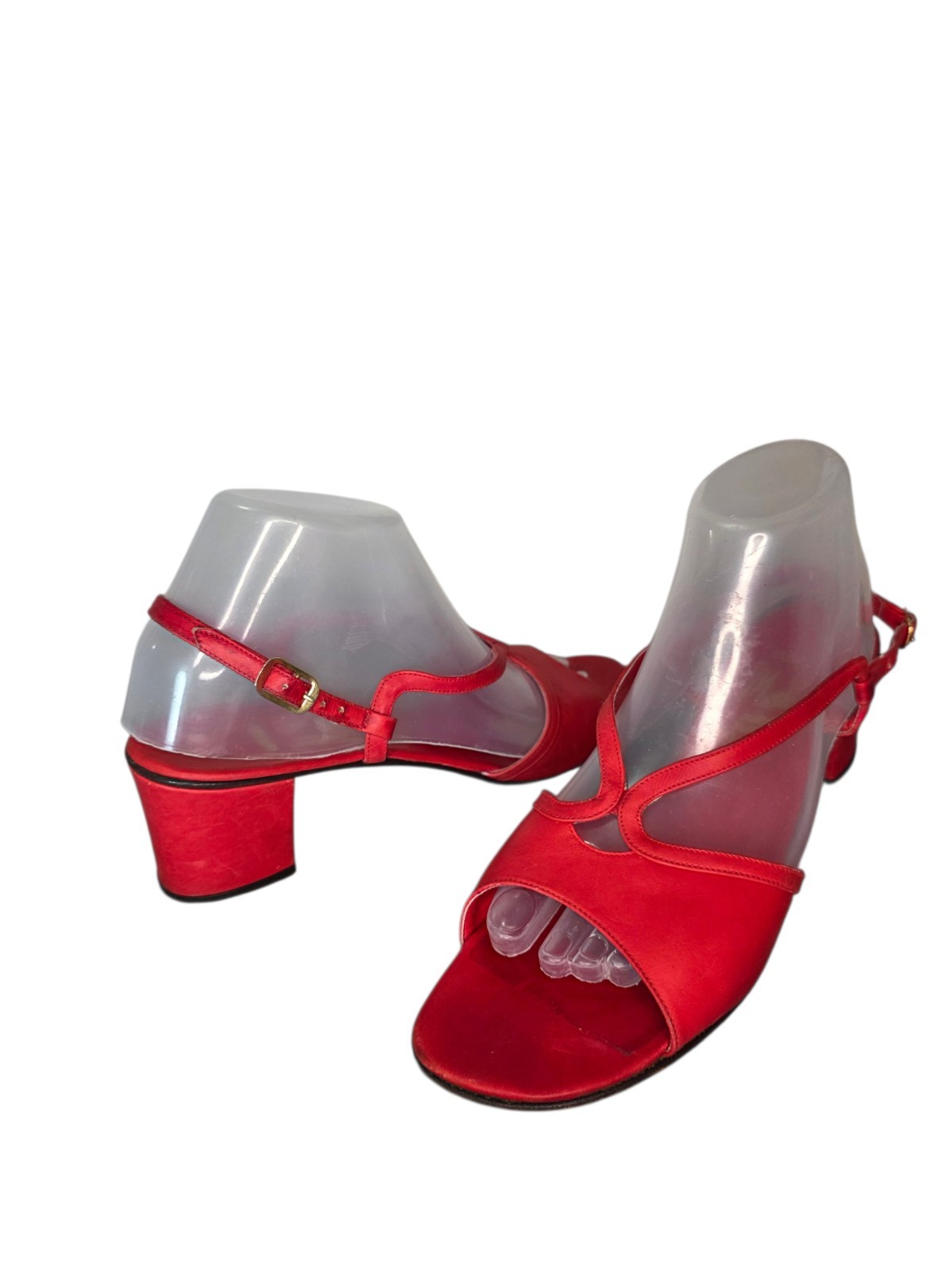 Red Italian Leather Sandals Womens 10N Ankle Strap Block Heel Vintage