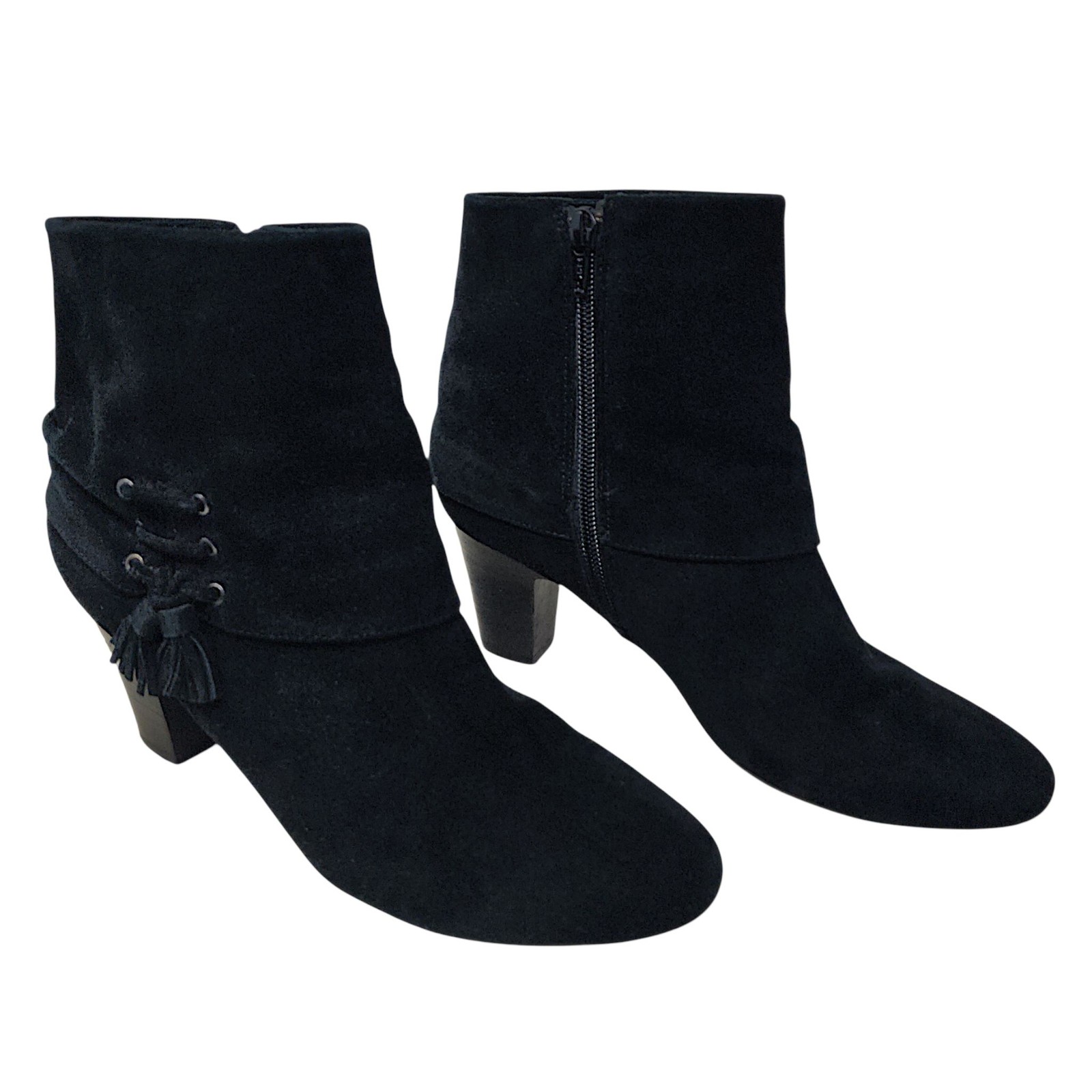 Ditto Vaneli Ankle Boots Womens Black Suede 8.5 Tassel Zip 2.5″ Stack Heel Boho