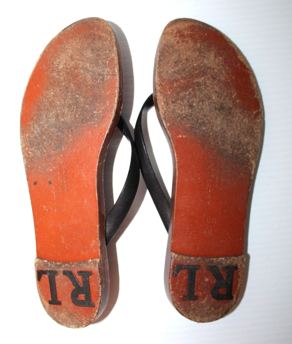 Ralph Lauren Collection Black Leather Thong Sandals Gold Stirrup Size 6.5B
