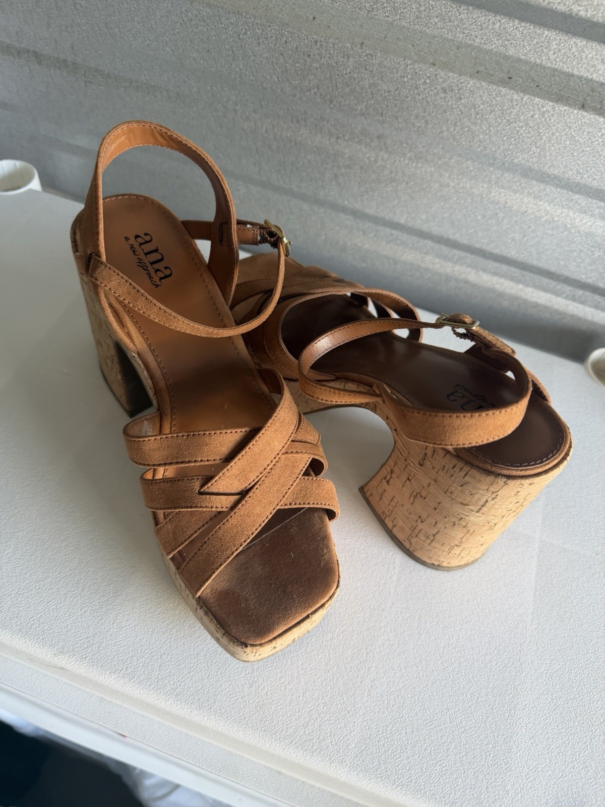 ANA A New Approach Weston Women’s Cork Platform Block Heel Sandals Brown Sz 7.5