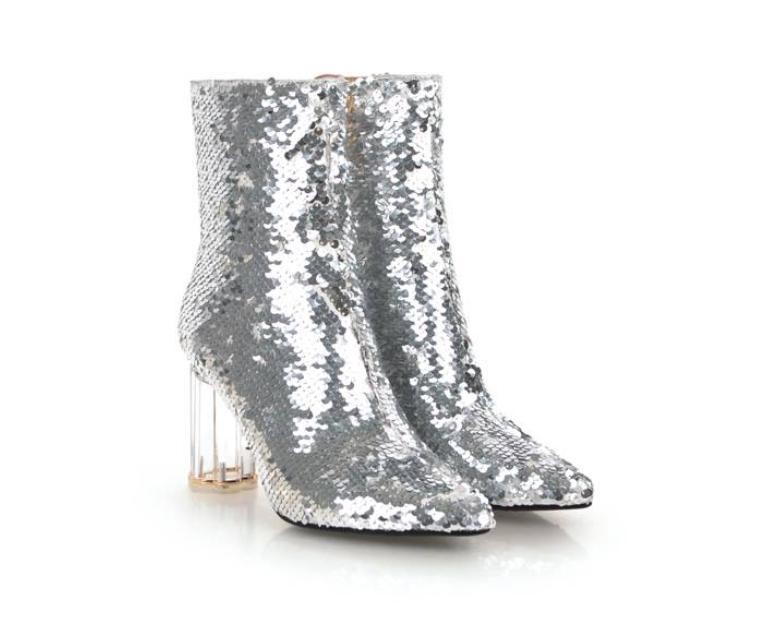 Womens Sequin High Heel Pointed Toe Zip Ankle Boots Casual Prom Club Party Shoes
