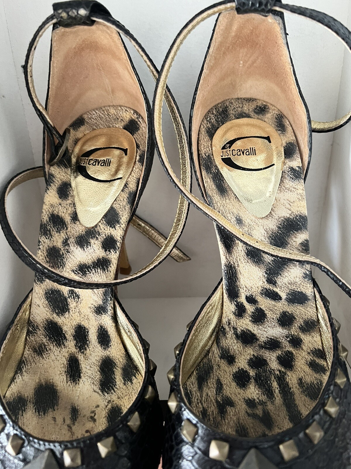 roberto cavalli just cavalli open toe strap black studded sandals size 39