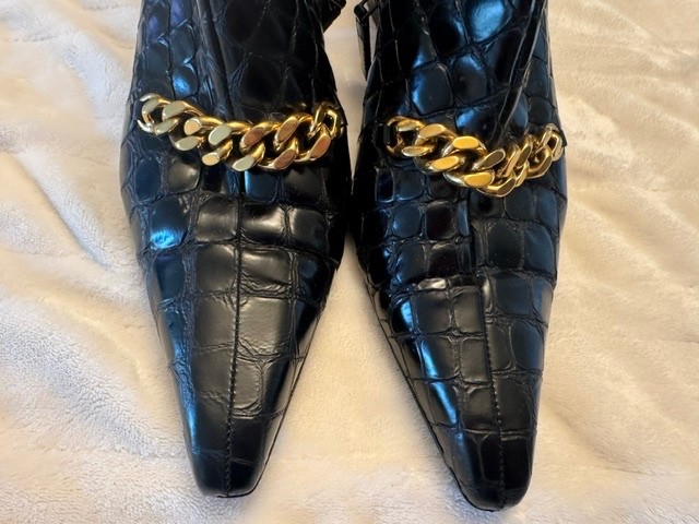 Tom Ford Black Leather Gold Chain Link Ankle Boots, black, size 39