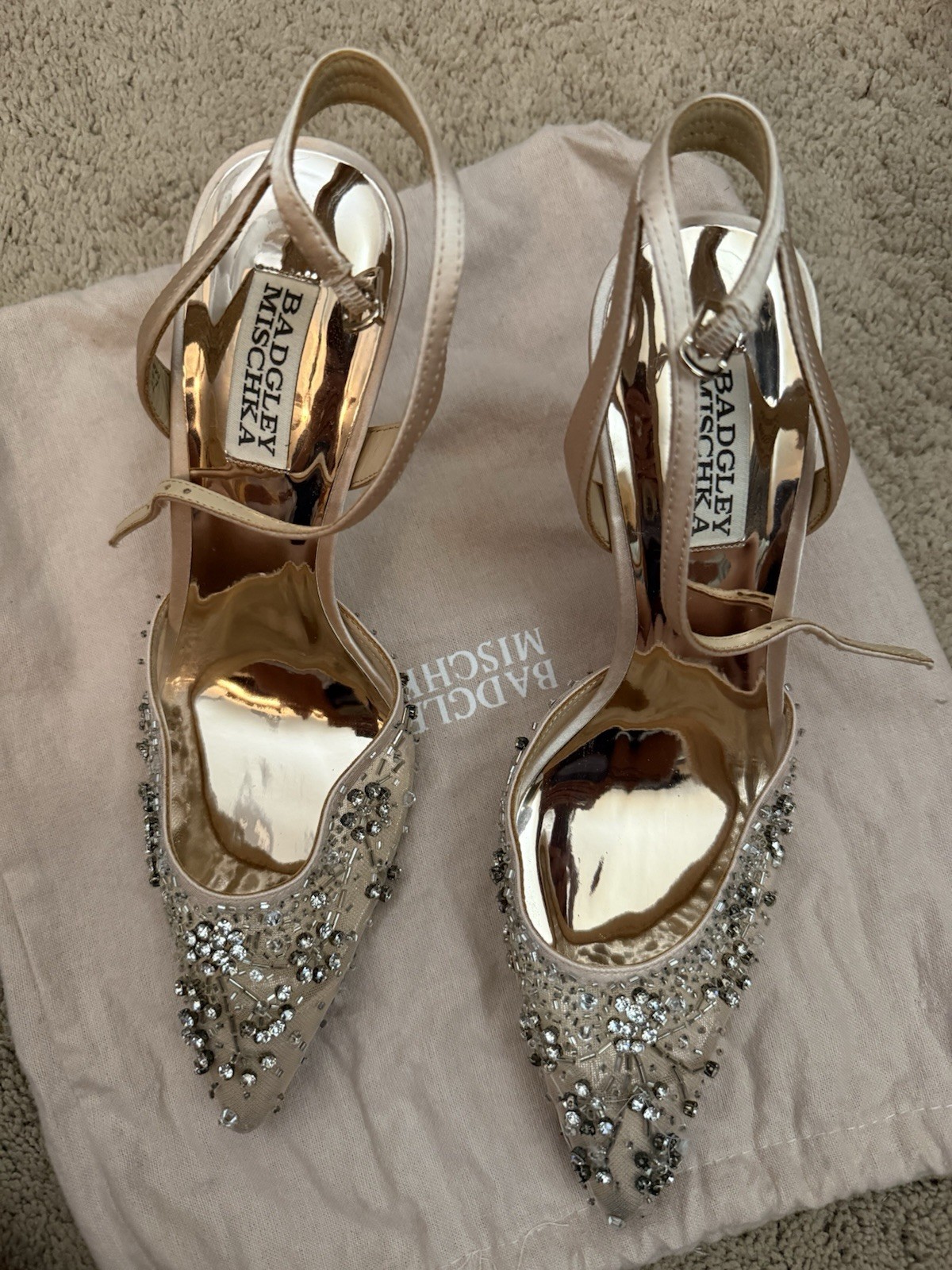 Badgley Mischka Beige Rhinestone Pointed Toe Slingback Ankle Strap Heels 8.5