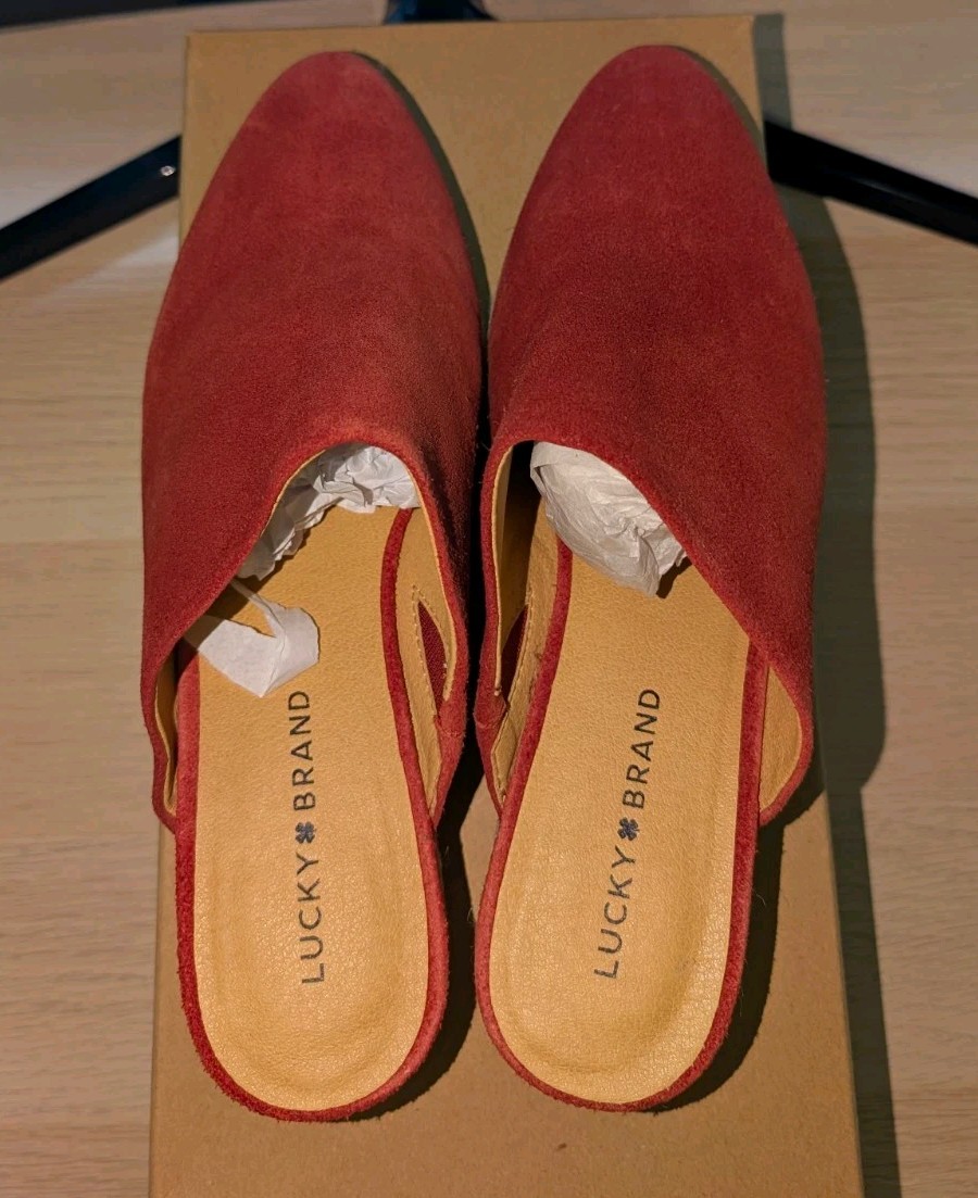Lucky Brand Women’s Red Suede Wedge Slide Sandals Slip-On Logo Size 10 M