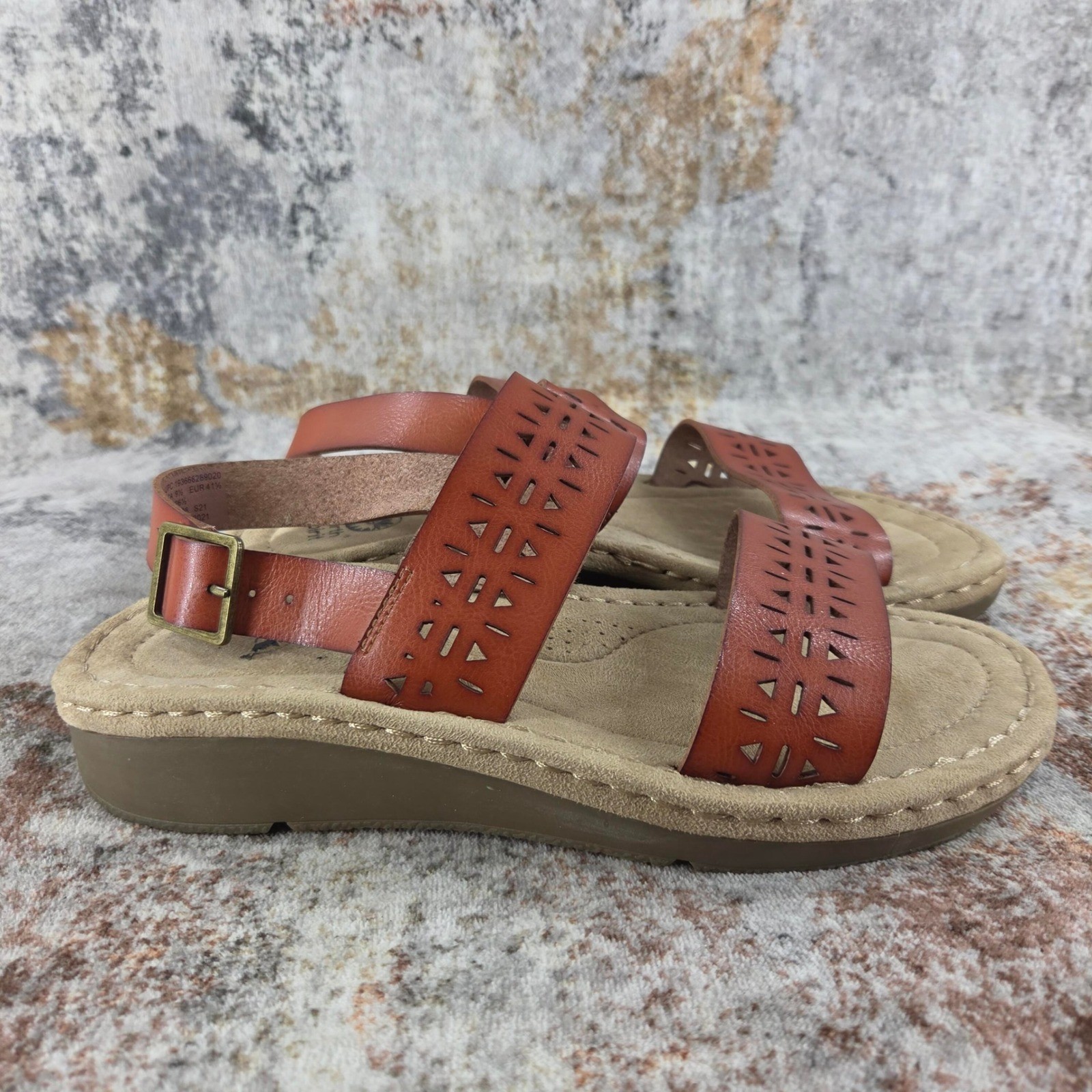 Earth Spirit Wedge Sandals Women 9.5 Cognac Brown Laser Cutout Summer Boho Beach