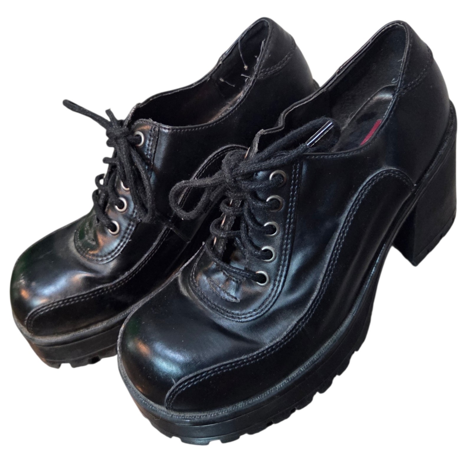 Vintage Mudd Black Faux Vegan Leather Chunky Heel Platform Oxford Sz 7.5 Y2K 90s