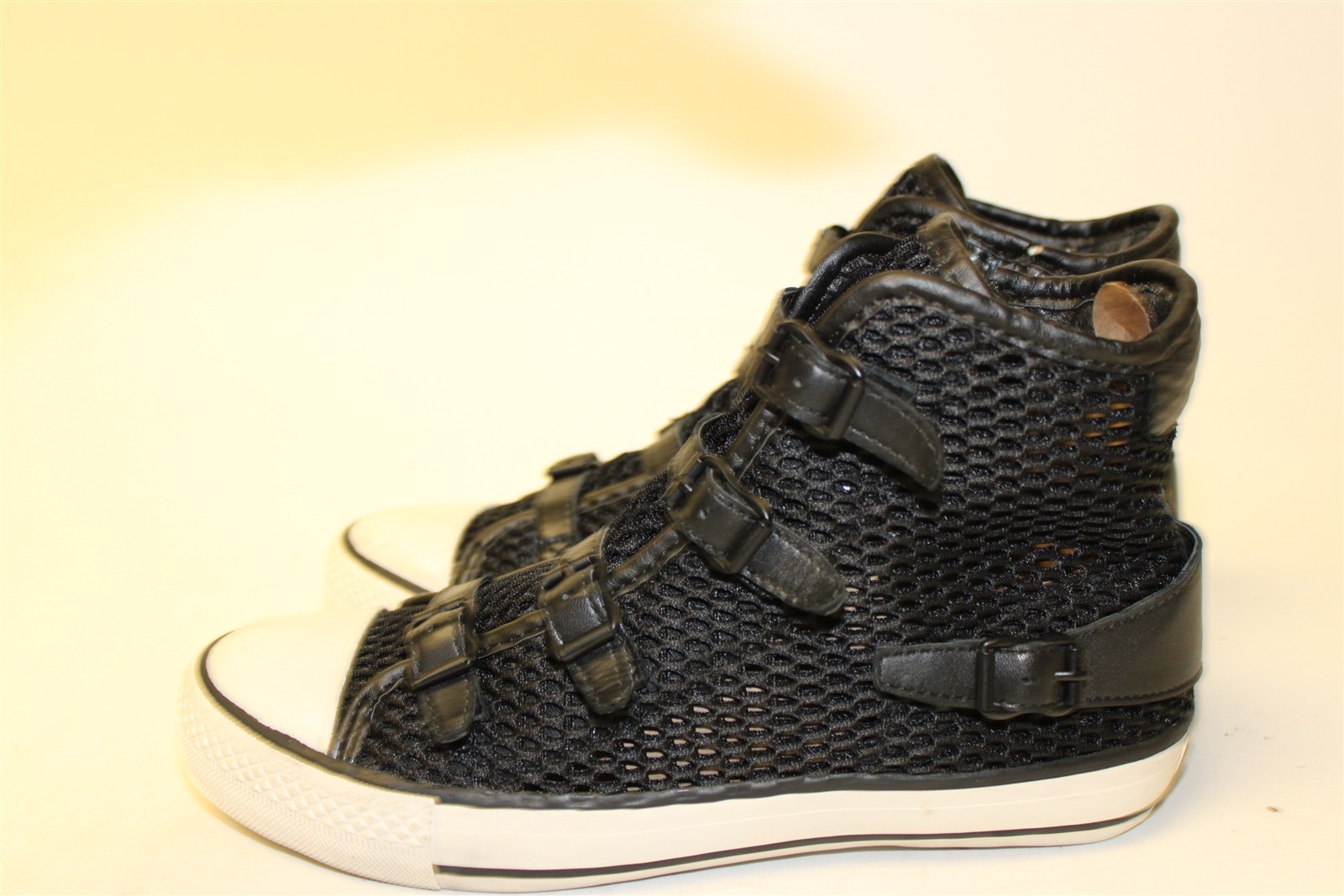 ASH Vanessa High Top Sneaker Women Size 7 38 Black Mesh Buckled Fashion Shoes