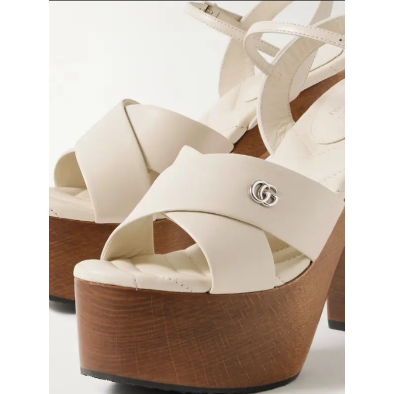 NEW Gucci Marmont GG Logo Embellished Leather Platform Sandals Cream Size EU 40