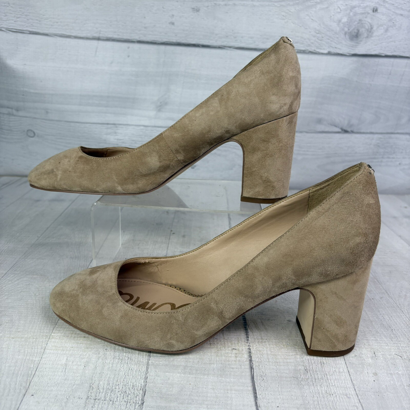 Sam Edelman JUNIE Oatmeal Suede Leather Block 3.25″ High Heel Size 9.5 M EU 39.5