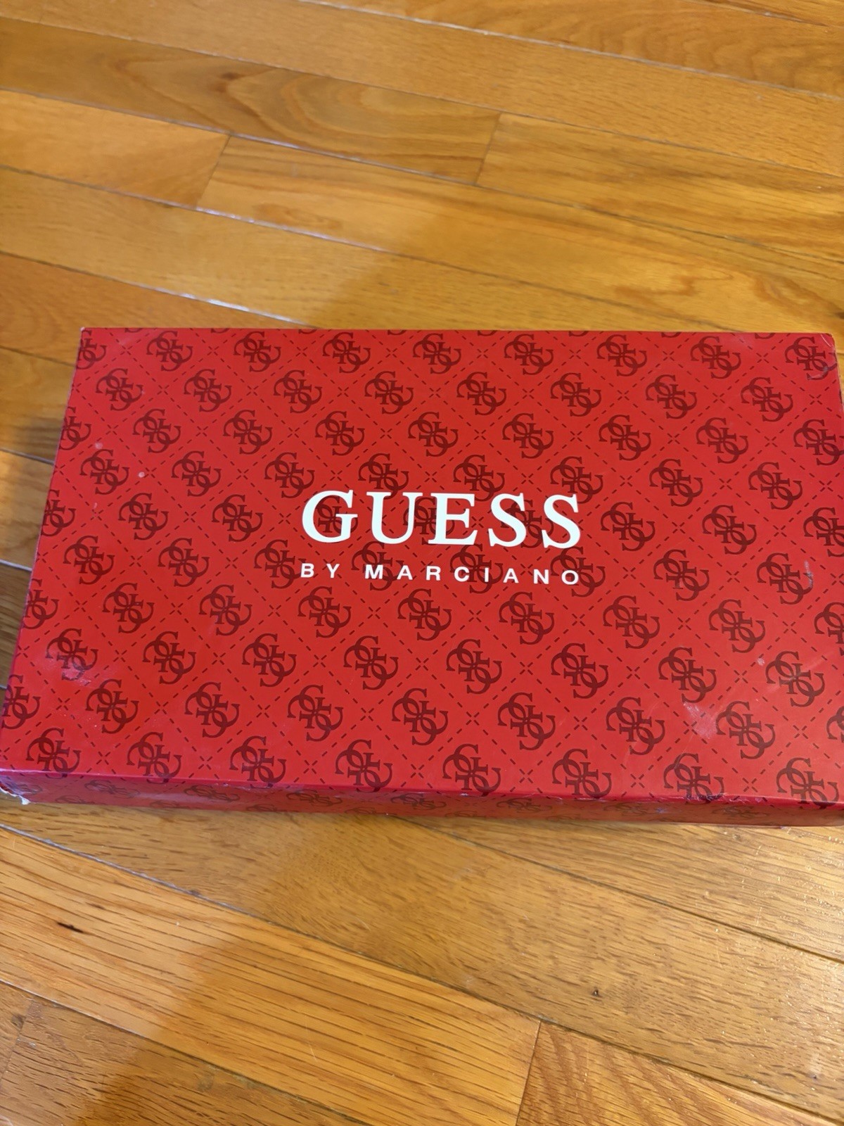 GUESS Logo Print Pointed Toe Pump Heels Slip On Buckle Accent Beige 8.5 M