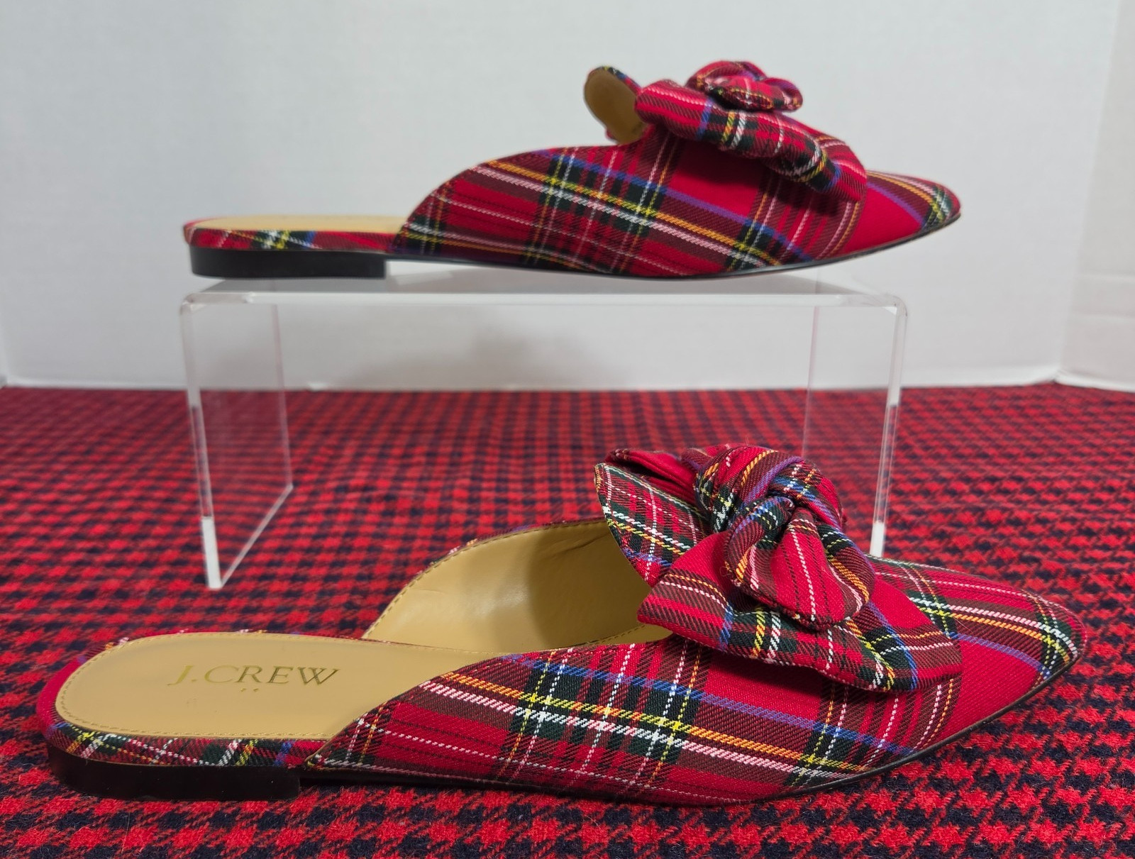 J.Crew Womens Red Tartan Plaid Bow Pointed Toe Christmas Mule Flats Size8 Plaid