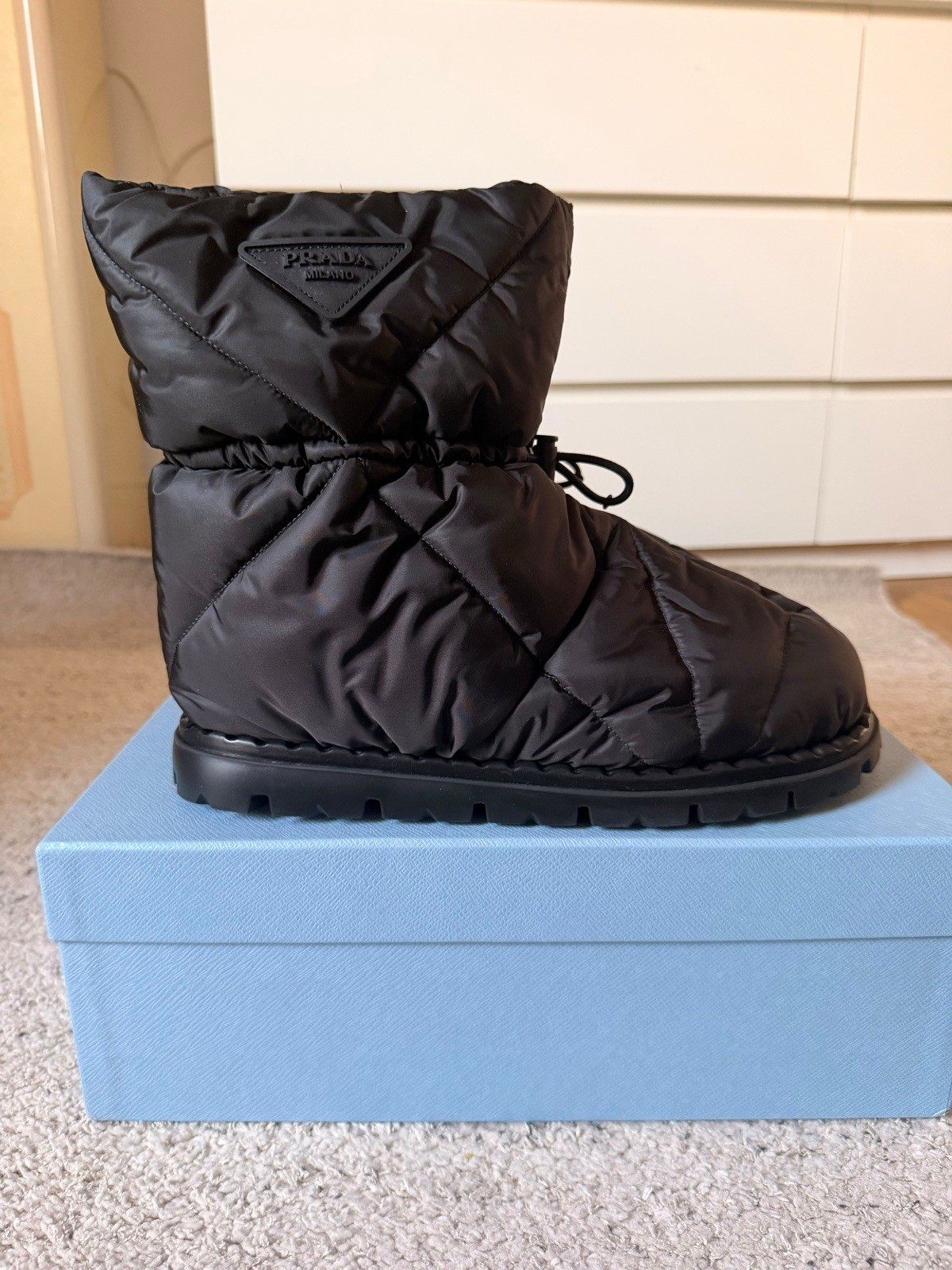 PRADA Milano Women’s Black Quilted Nylon Drawstring Lined Ankle Snow Boot 9.5
