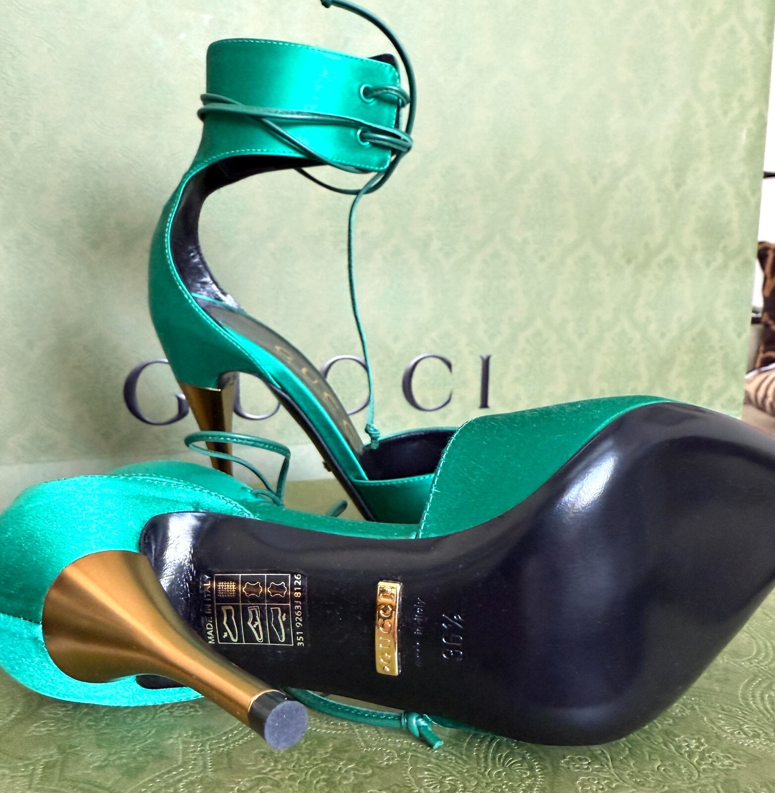 GUCCI Priscilla Emerald Green Satin Strap Stiletto Heel 36+, US 6.5, 752966