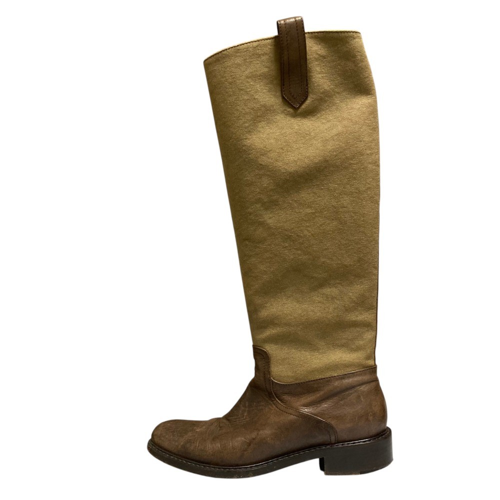 DRIES VAN NOTEN Canvas Panel Side Zip Long Boots, 38, Brown/Beige Women USED