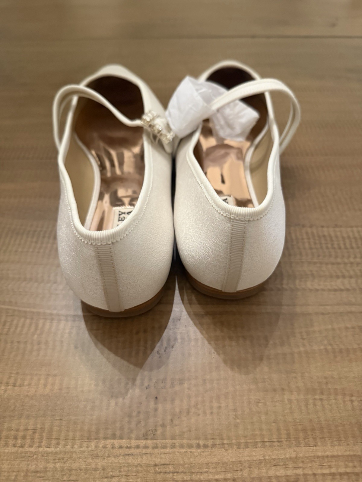Badgley Mischka Ivory Satin Mary Jane Flats Rhinestone Buckle Square Toe – 10